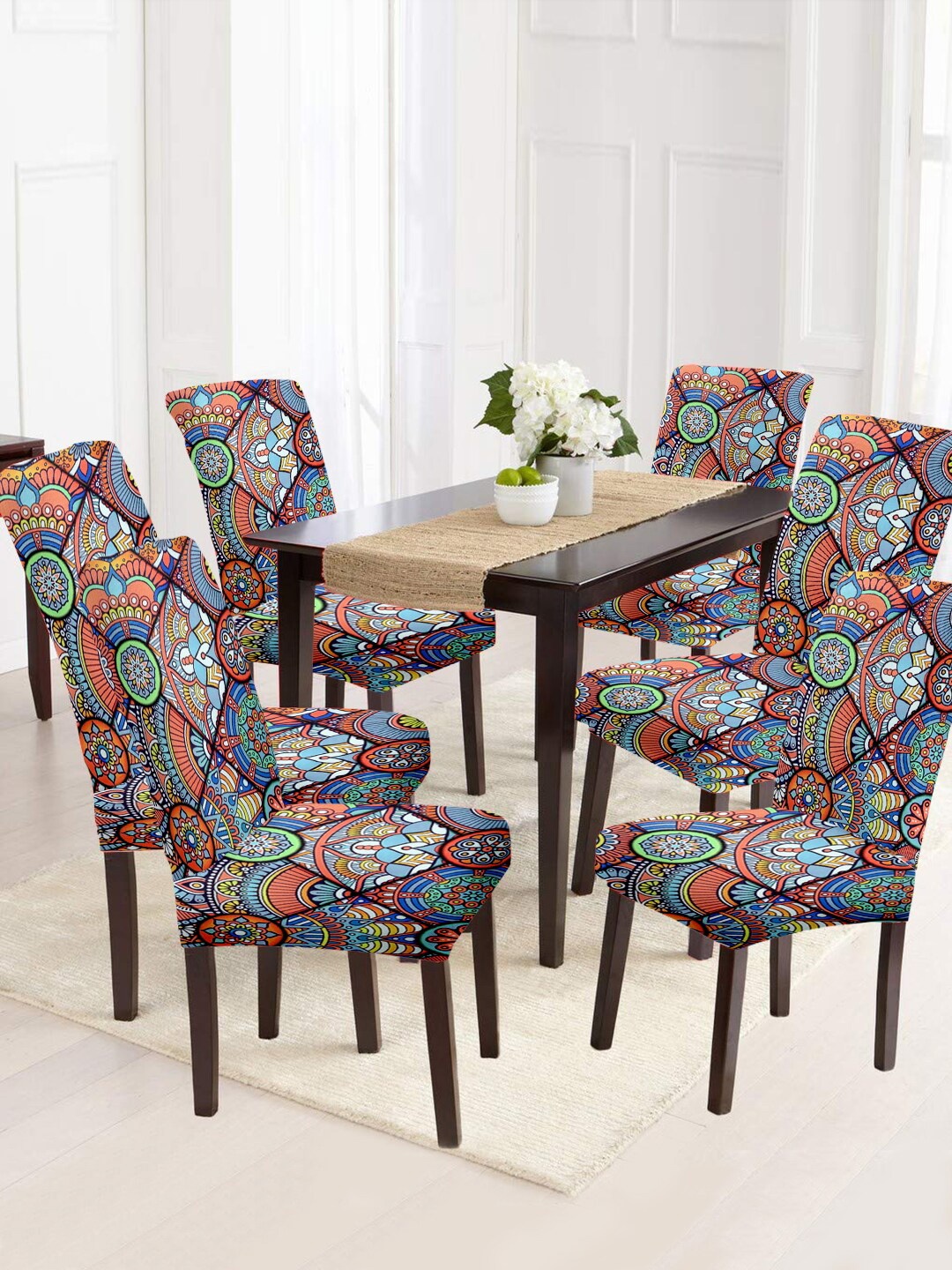 

Cortina Set Of 6 Grey & Orange Printed Removable Chair Slip Covers