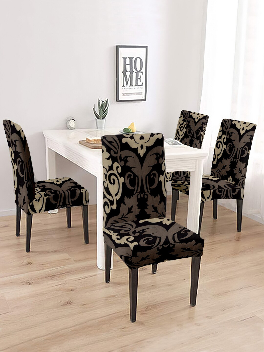 

Cortina Set Of 4 Black & Brown Printed Removable Chair Slip Covers