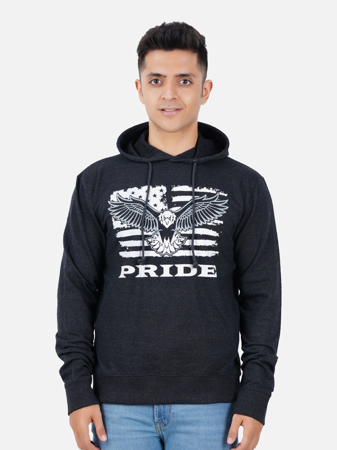 

PRIDE APPAREL Men Black Printed Pure Cotton Hooded Sweatshirt