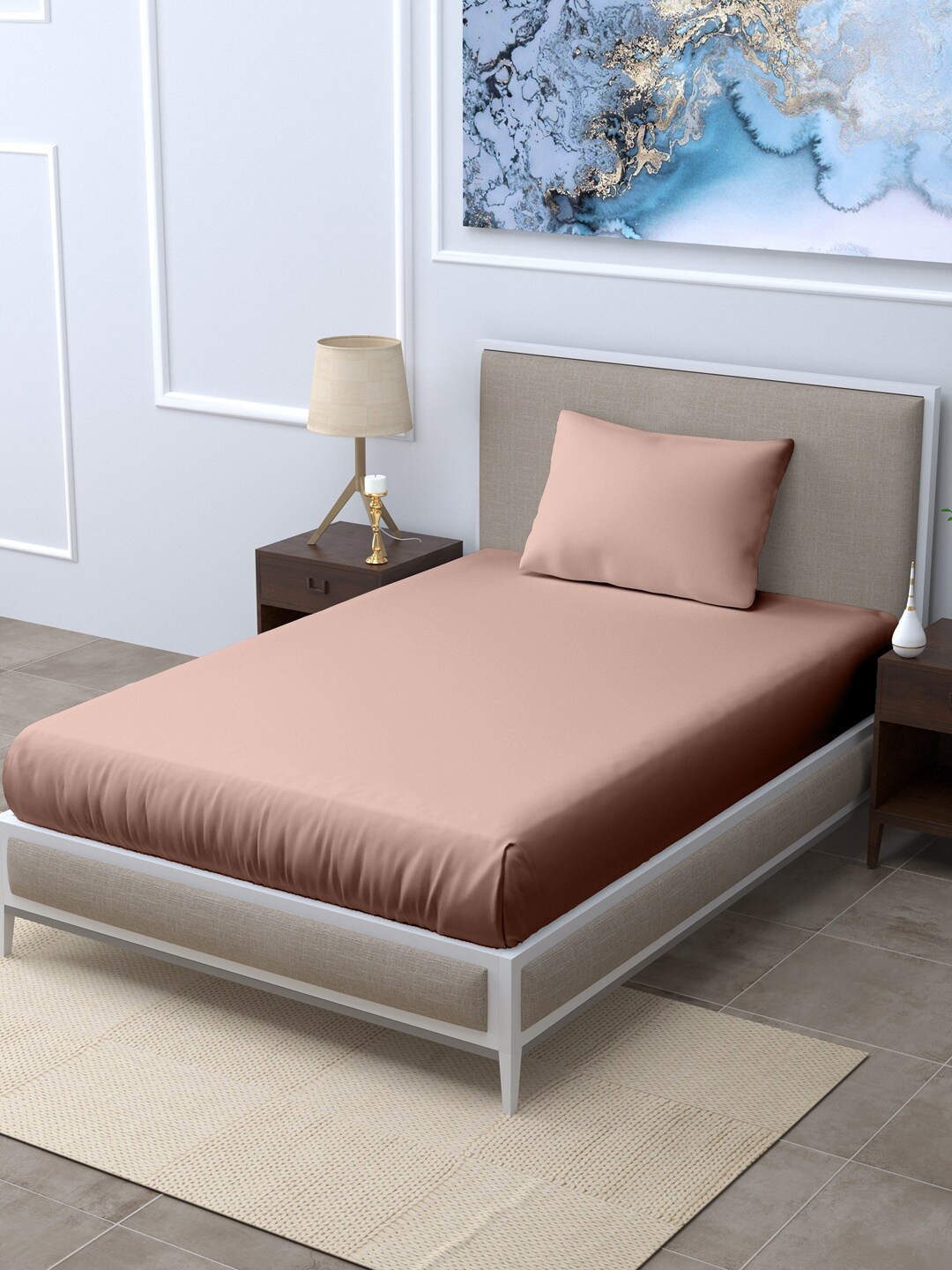 

LINENWALAS Happy Sleeping Rose Gold 300 TC Single Bedsheet with 2 Pillow Covers