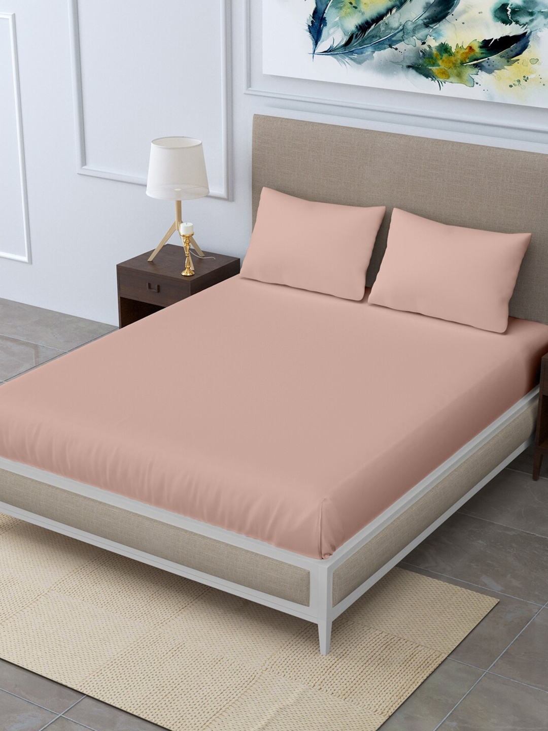 

LINENWALAS Happy Sleeping Rose Gold 300 TC King Bedsheet with 2 Pillow Covers