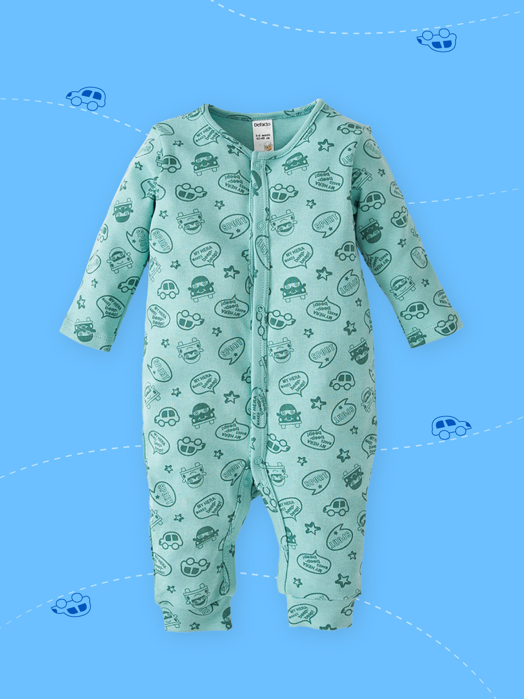 

DeFacto Infant Boys Green Conversational Printed Cotton Rompers