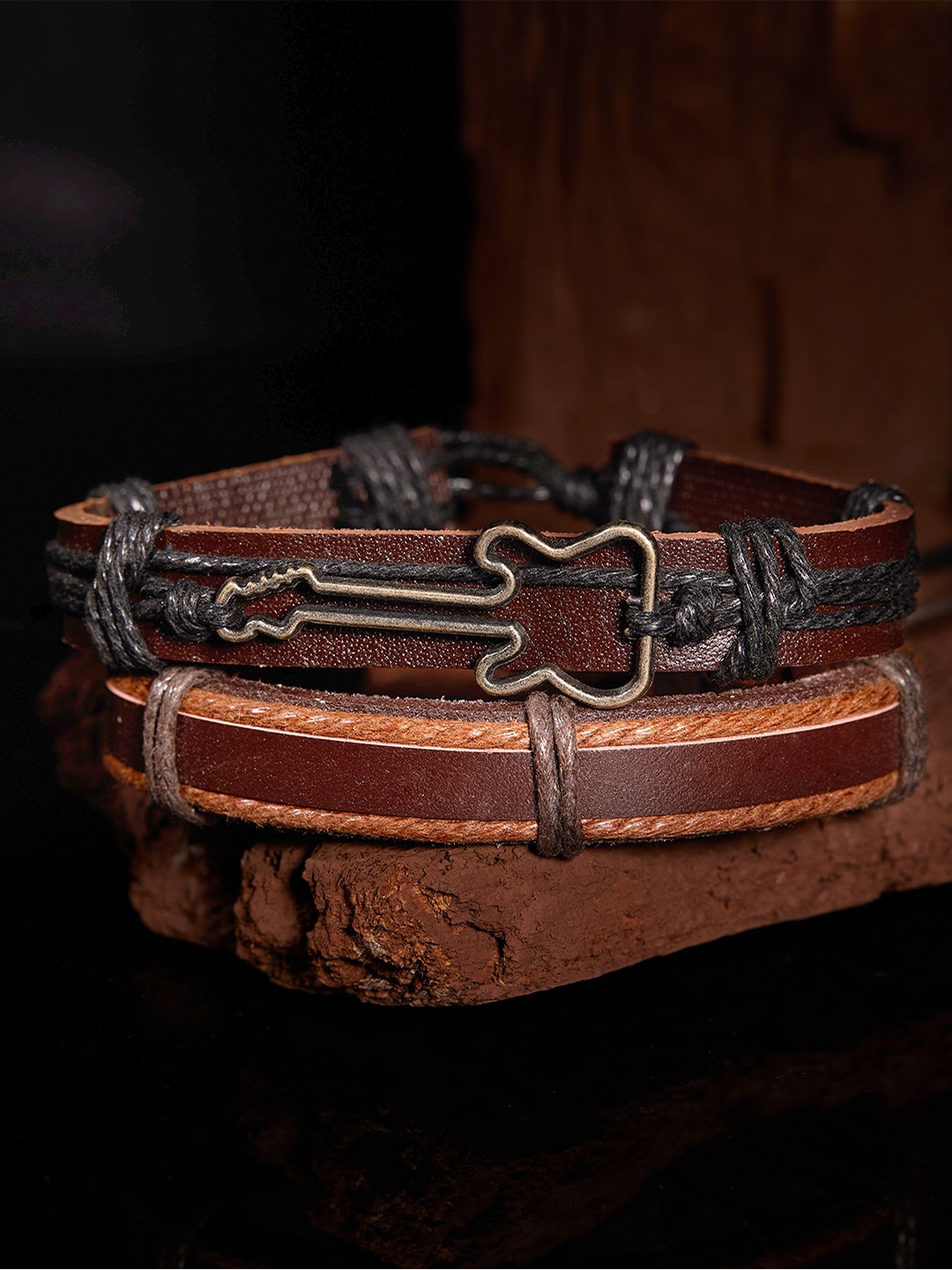 

The Roadster Lifestyle Co Men Set Of 2 Black & Brown Multistrand Leather Bracelets