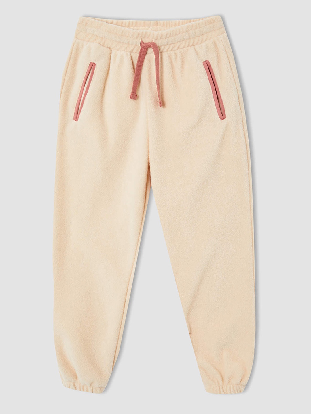 

DeFacto Girls Cream-Coloured Solid Relax Fit Mid-Rise Fleece Joggers