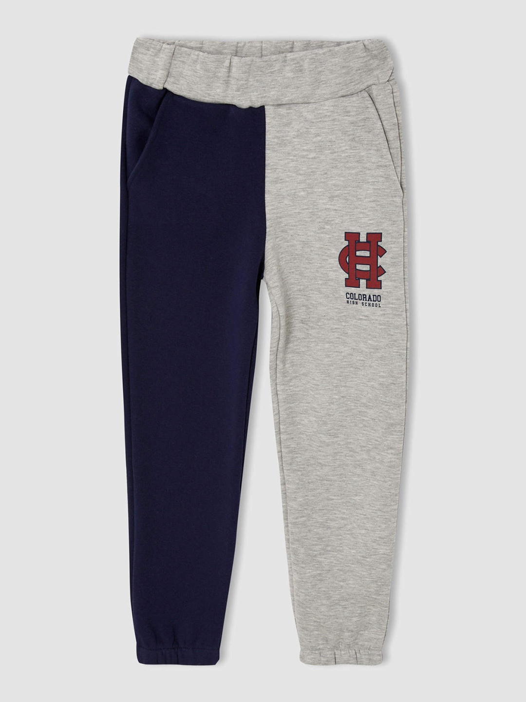 

DeFacto Girls Navy Blue & Grey Melange Colourblocked Joggers with Printed Detail