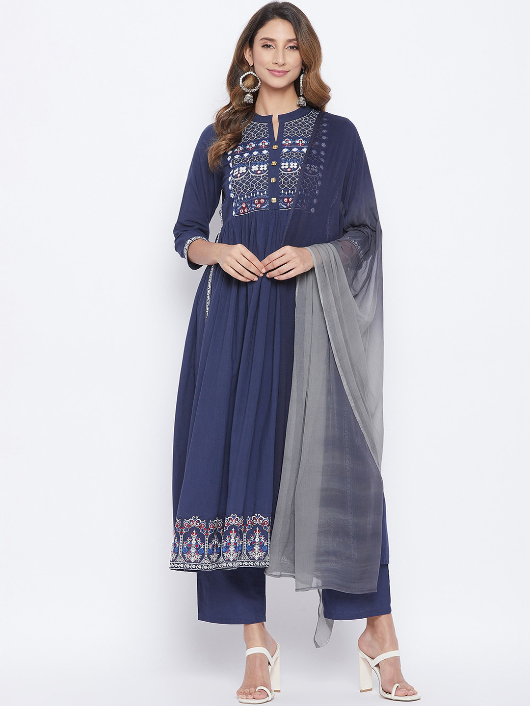 

Prakhya Women Blue Ethnic Motifs Yoke Design Pure Cotton Kurta with Palazzos & With Dupatta