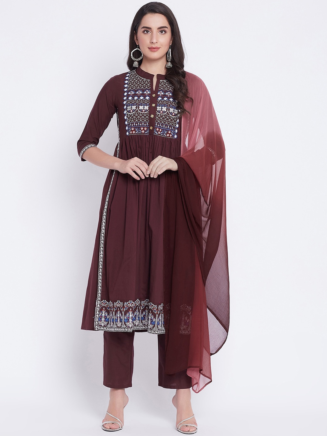 

Prakhya Women Brown Ethnic Motifs Yoke Design Pure Cotton Kurta with Trousers & Dupatta