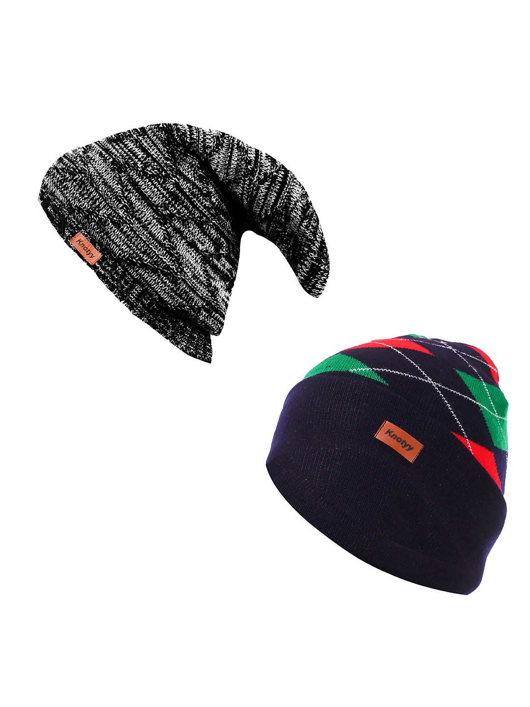 

Knotyy Unisex Pack of 2 Black & Navy Blue Printed Beanie