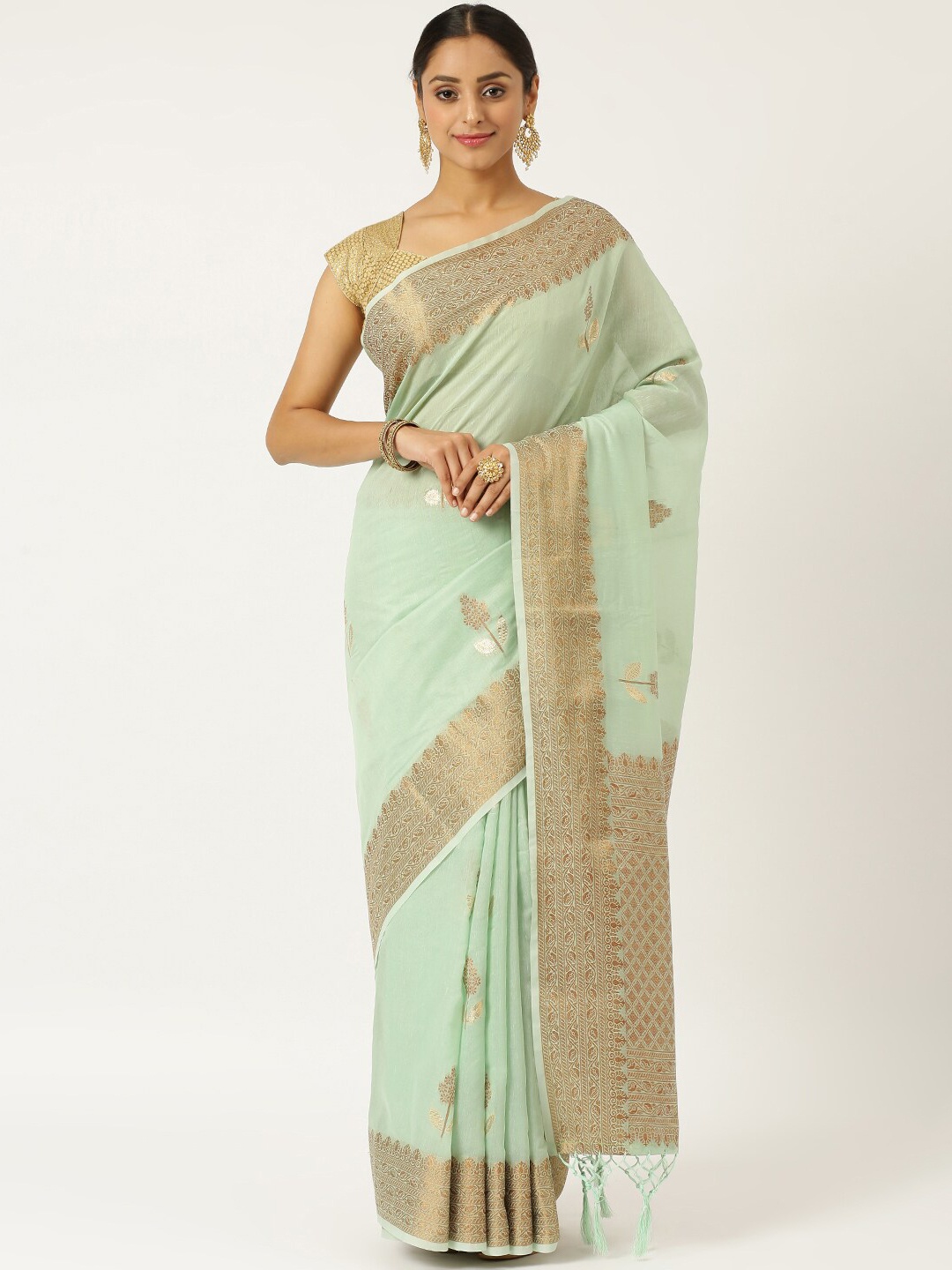 

KARAGIRI Blue & Gold-Toned Floral Zari Pure Cotton Saree