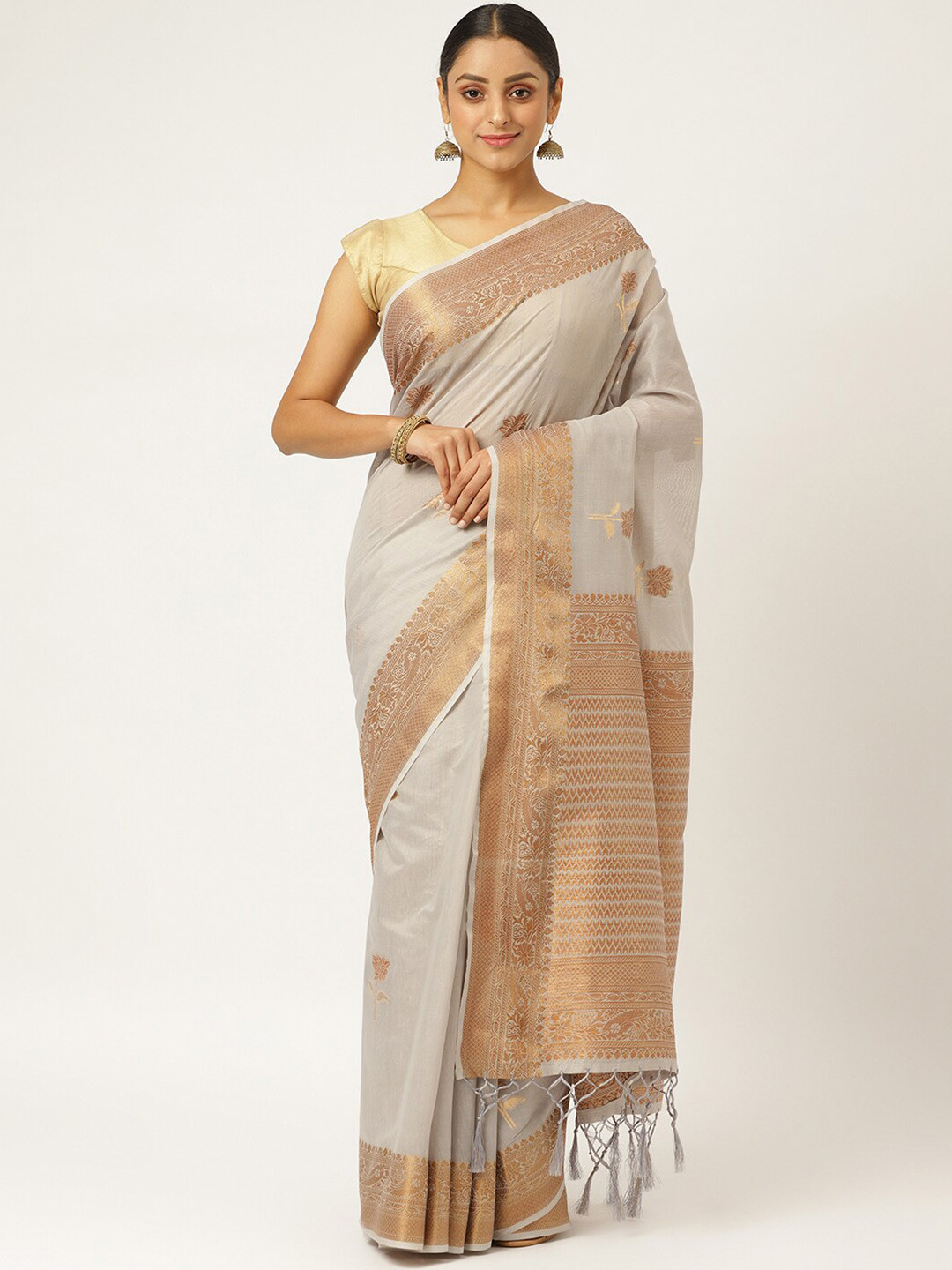 

KARAGIRI Grey & Gold Ethnic Motifs Zari Pure Cotton Saree
