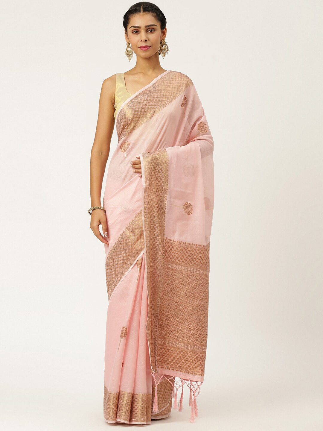 

KARAGIRI Pink & Gold-Coloured Ethnic Motifs Zari Pure Cotton Saree