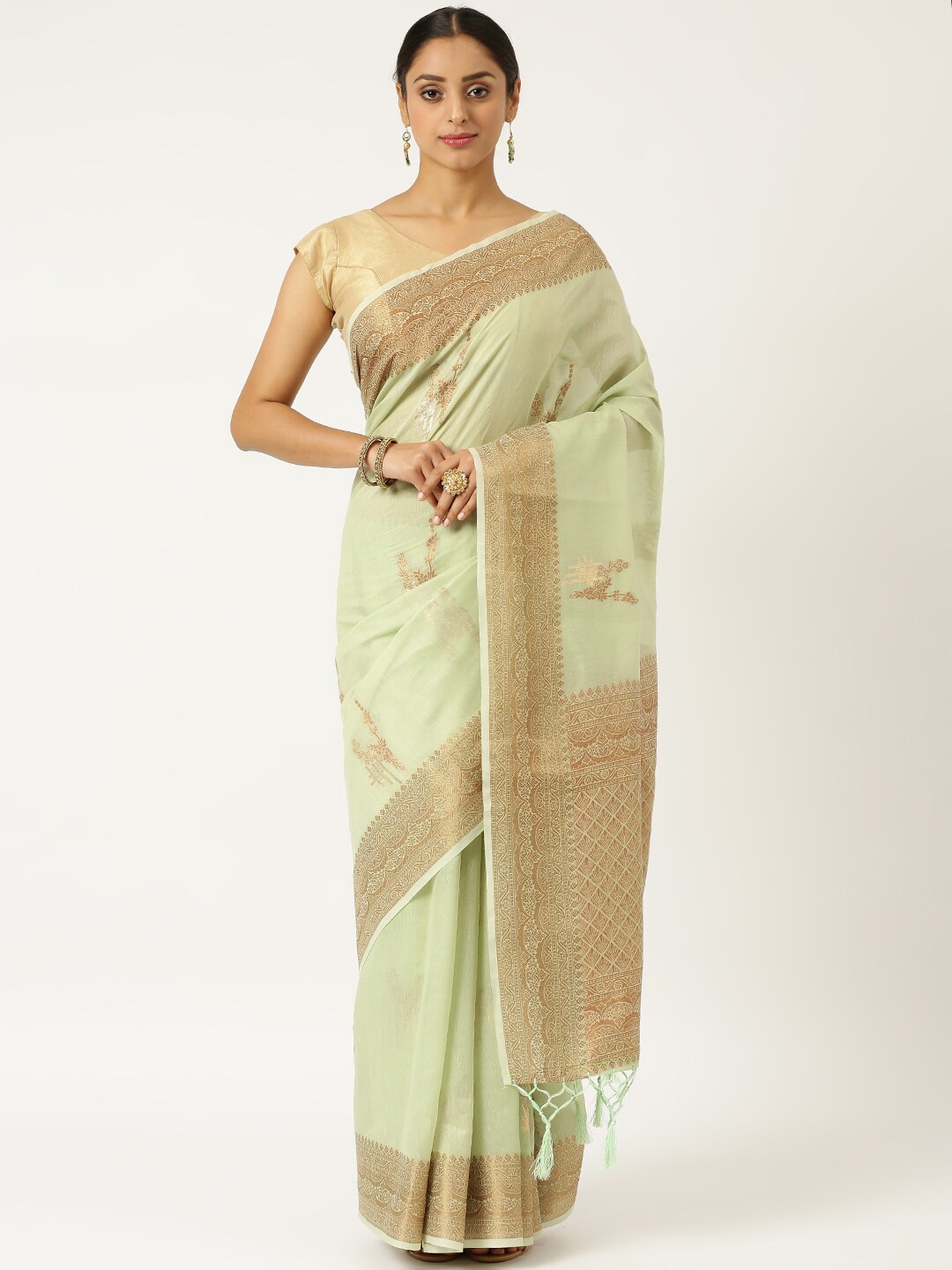 

KARAGIRI Green & Gold-Toned Woven Design Zari Pure Cotton Saree