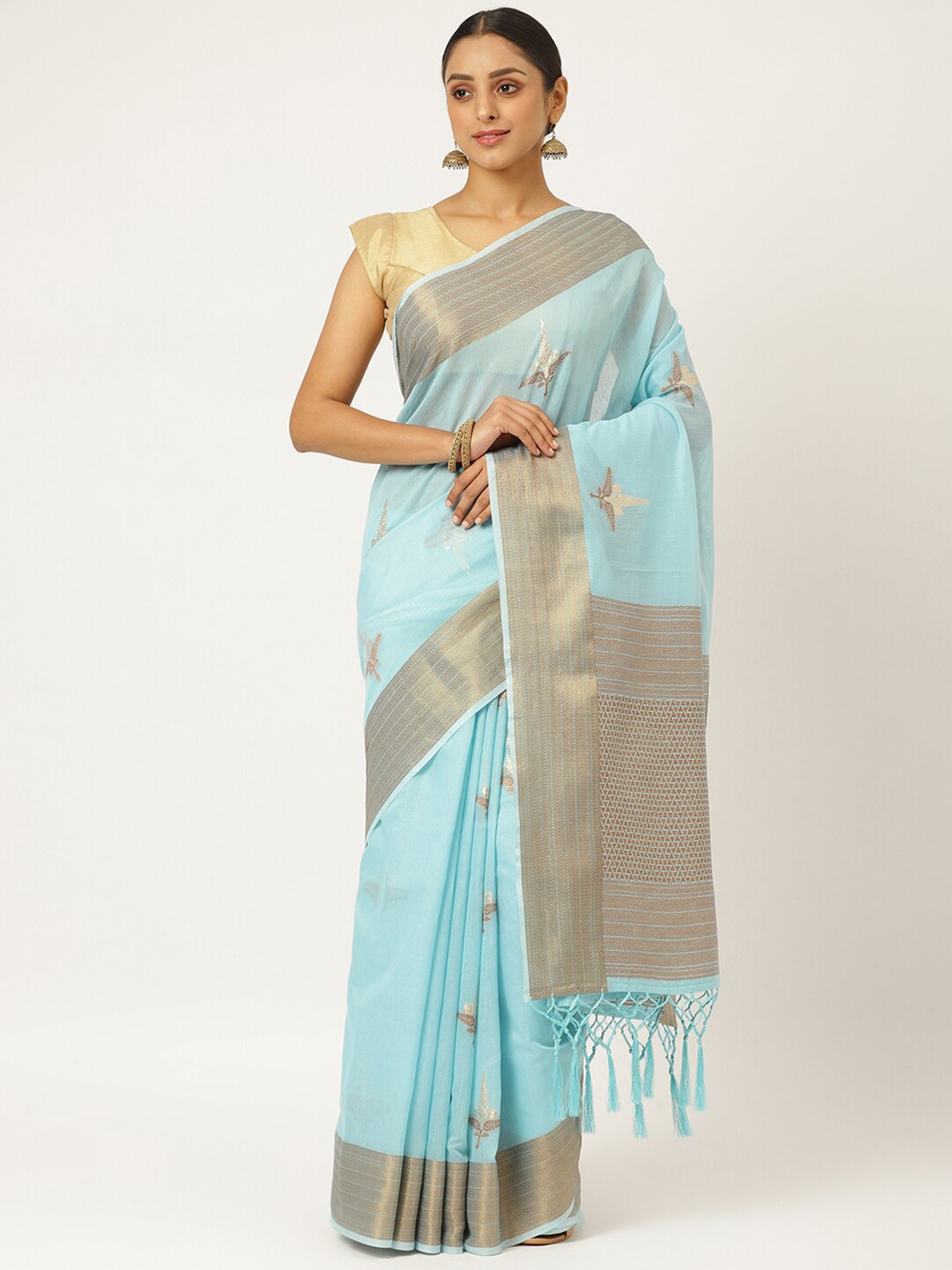 

KARAGIRI Blue & Gold-Toned Ethnic Motifs Pure Cotton Saree