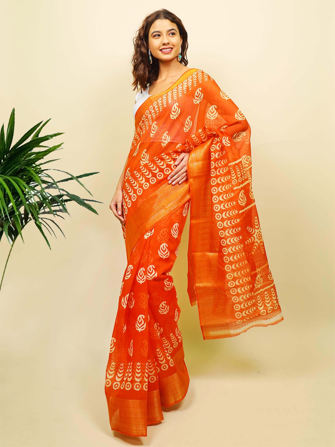 Indi INSIDE Orange & White Dabu Zari Dabu Saree