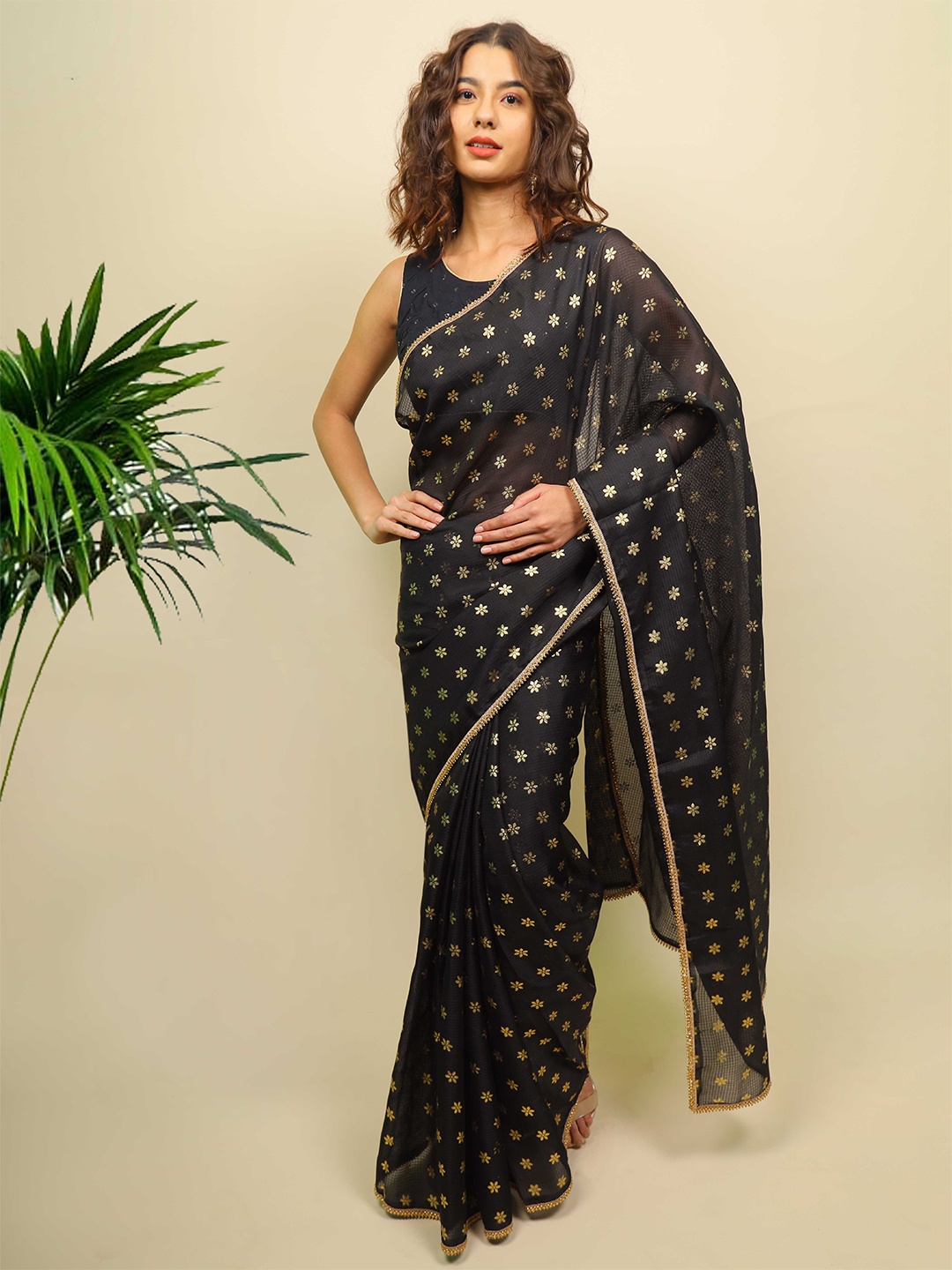 

Indi INSIDE Black & Gold-Toned Ethnic Motifs Kota Saree