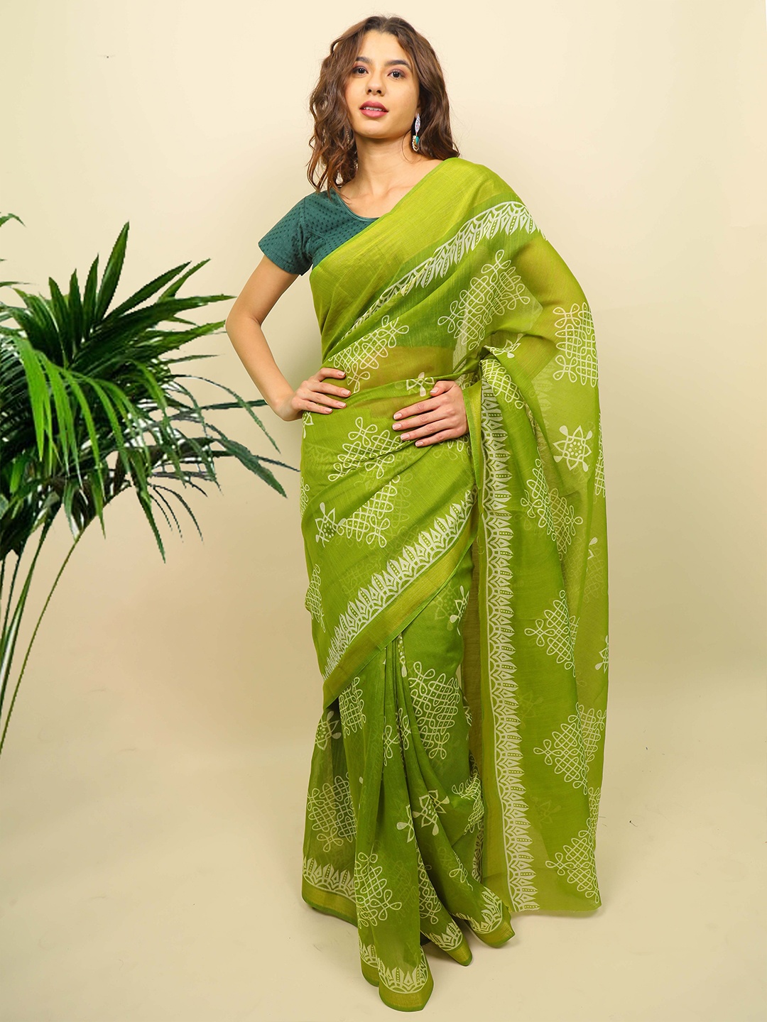 

Indi INSIDE Lime Green & White Dabu Printed Designer Saree