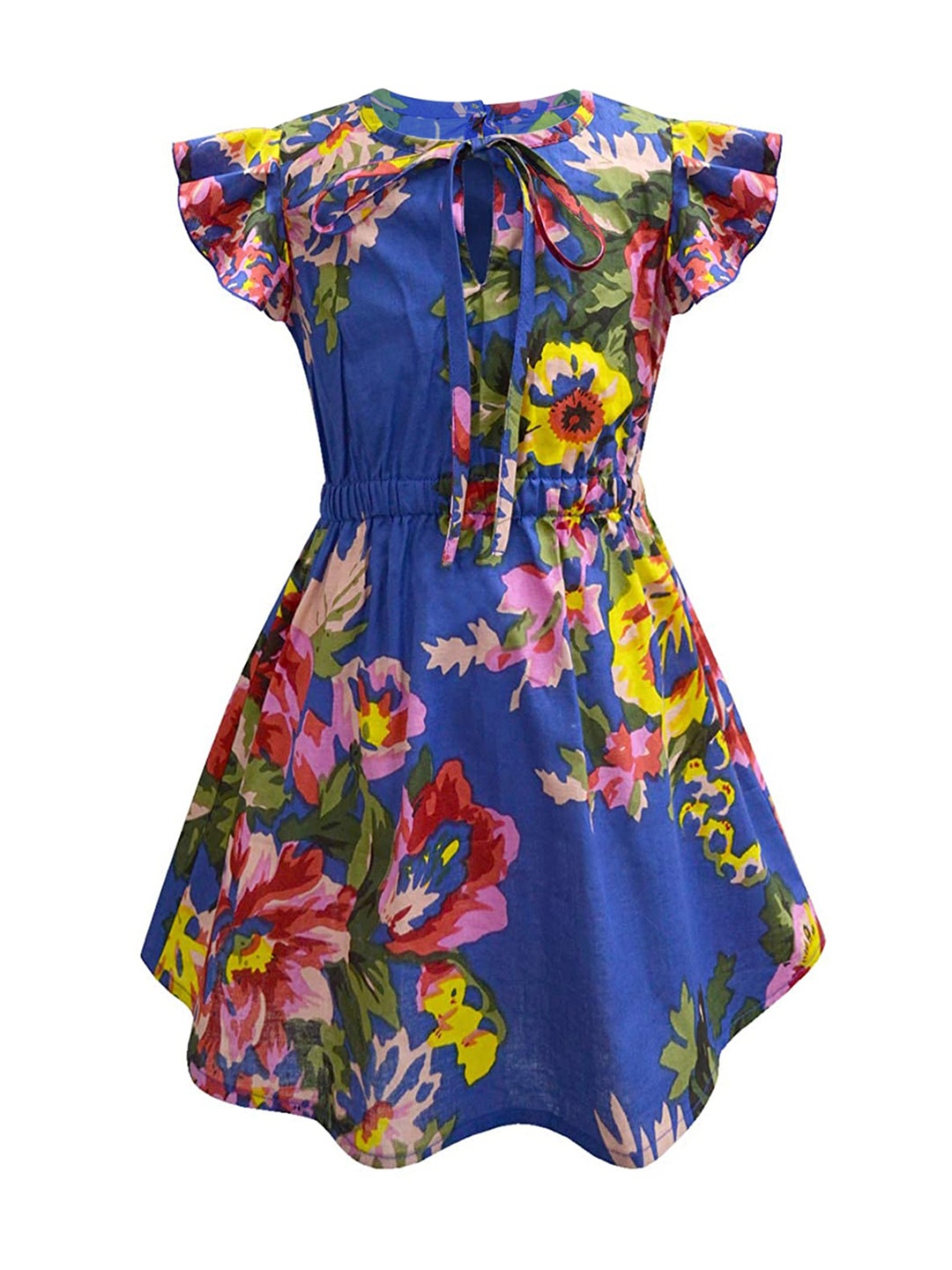 

A T U N Blue & Yellow Floral Printed Pure Cotton Dress