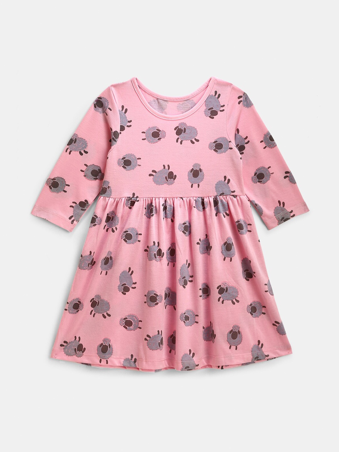 

YK Pink & Grey Printed Knitted Cotton A-Line Dress