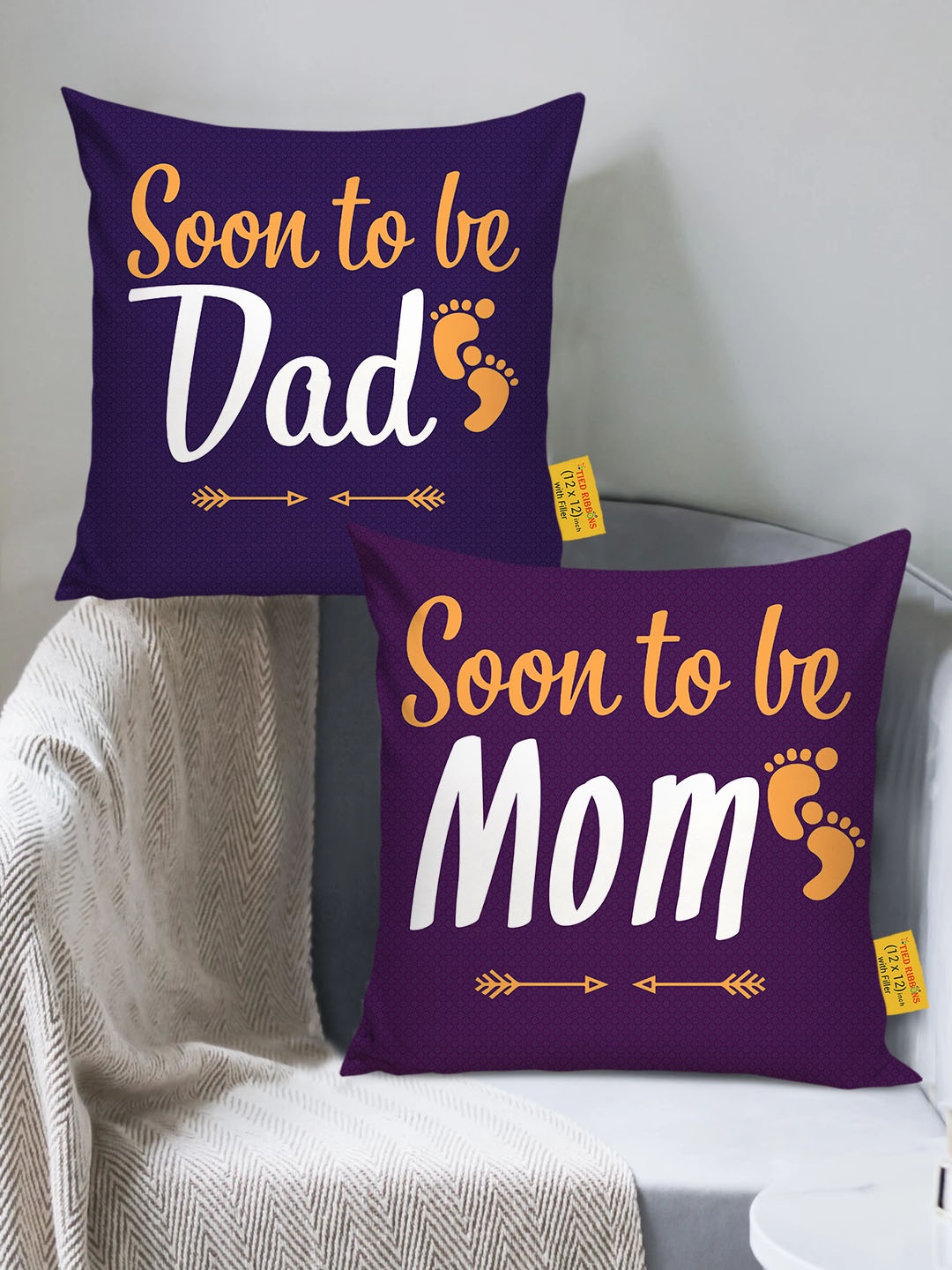 

TIED RIBBONS Set of 2 Typography Print Cushion Covers with Filler, Purple