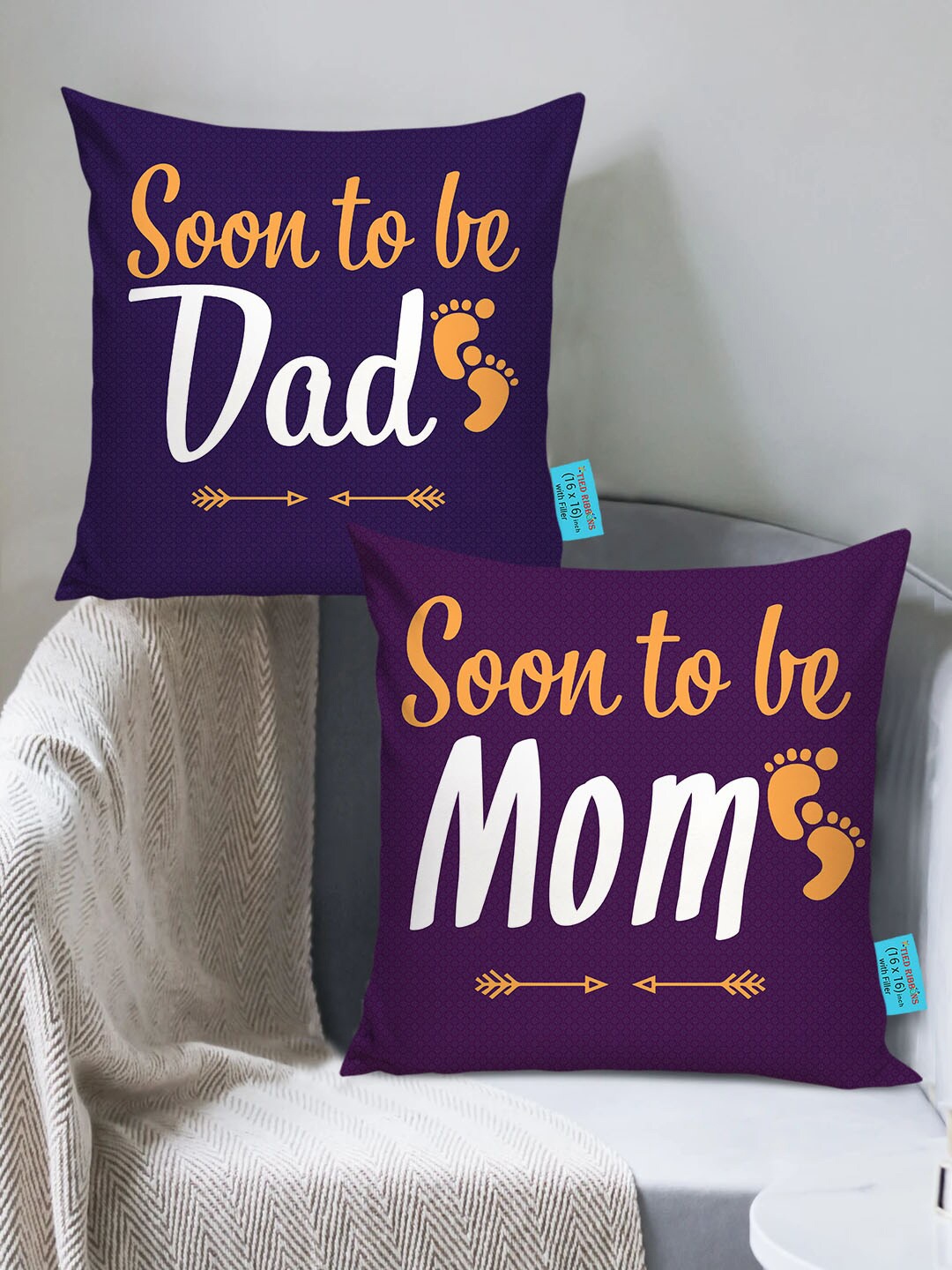 

TIED RIBBONS Purple & White Set of 2 Typography Print Cushion Covers with Filler