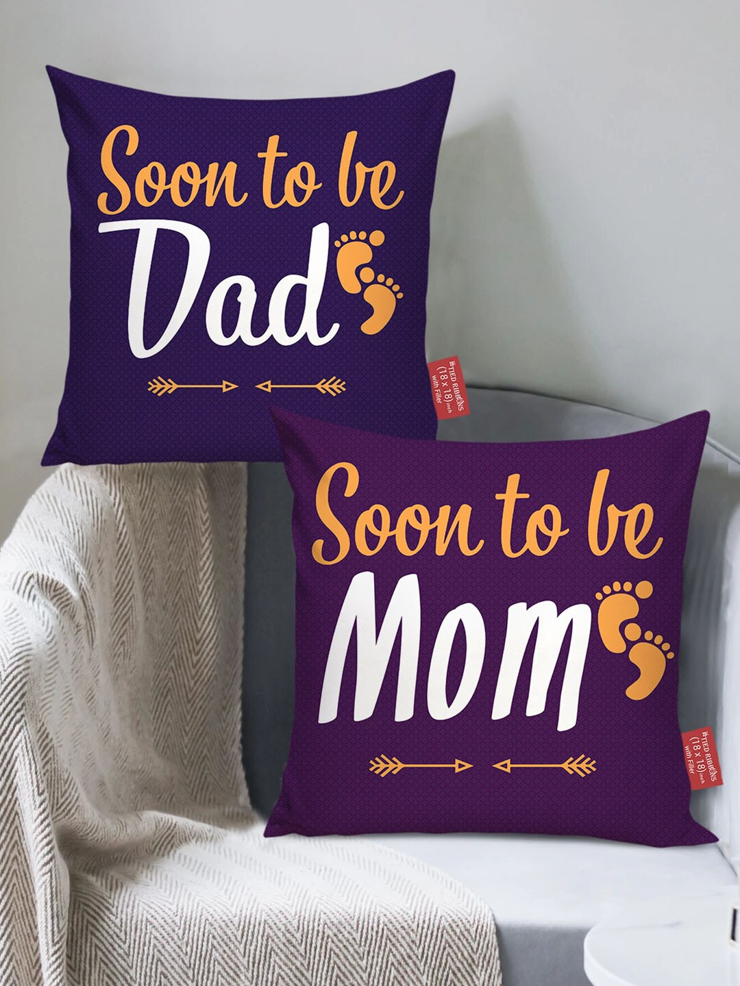 

TIED RIBBONS Purple & White Set of 2 Typography Print Cushion Covers with Filler