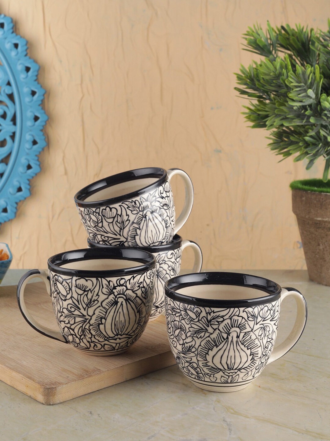 

VarEesha Set of 4 Off White Printed Ceramic Tea Cups Set