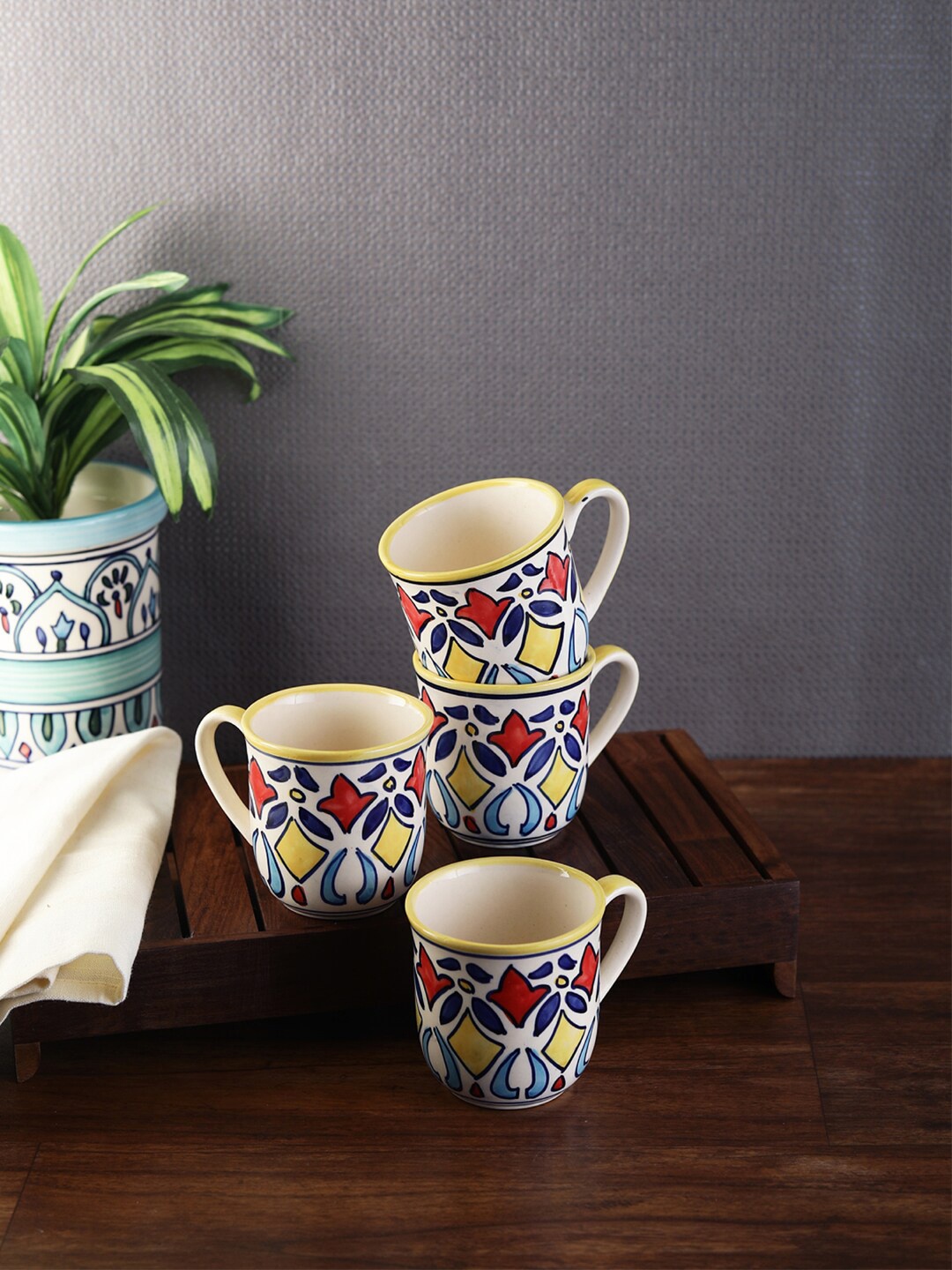 

VarEesha Set Of 4 White & Red Printed Ceramic Dishwasher & Microwave Safe Cups