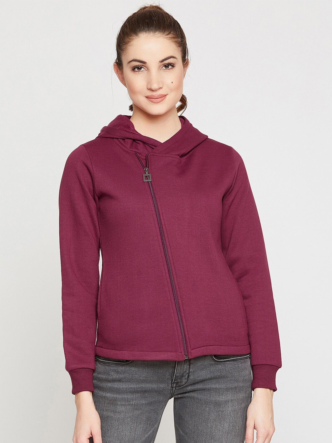 RARE Women Maroon Solid Hooded Sweatshirt