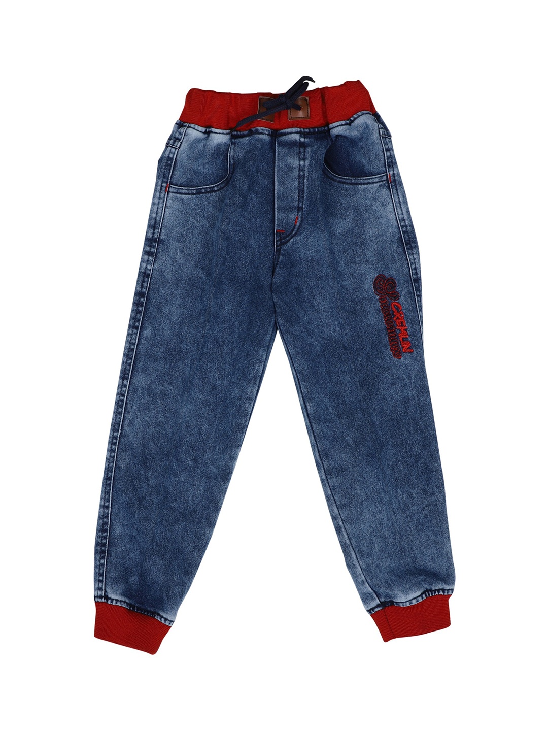 

CREMLIN CLOTHING Unisex Kids Blue Jogger Light Fade Embroidered Jeans