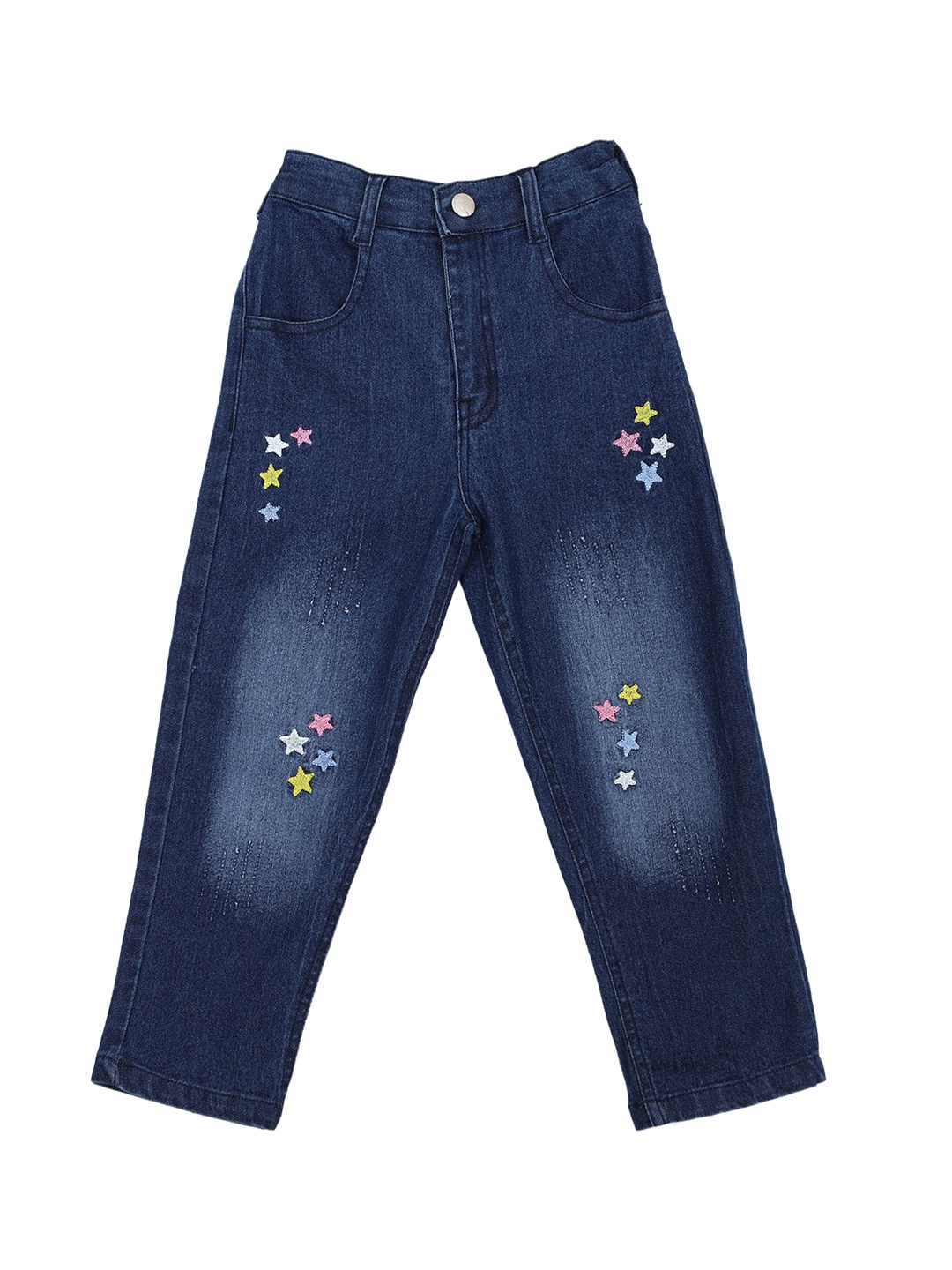 

CREMLIN CLOTHING Girls Blue Low Distress Heavy Fade Star Embroidered Jeans