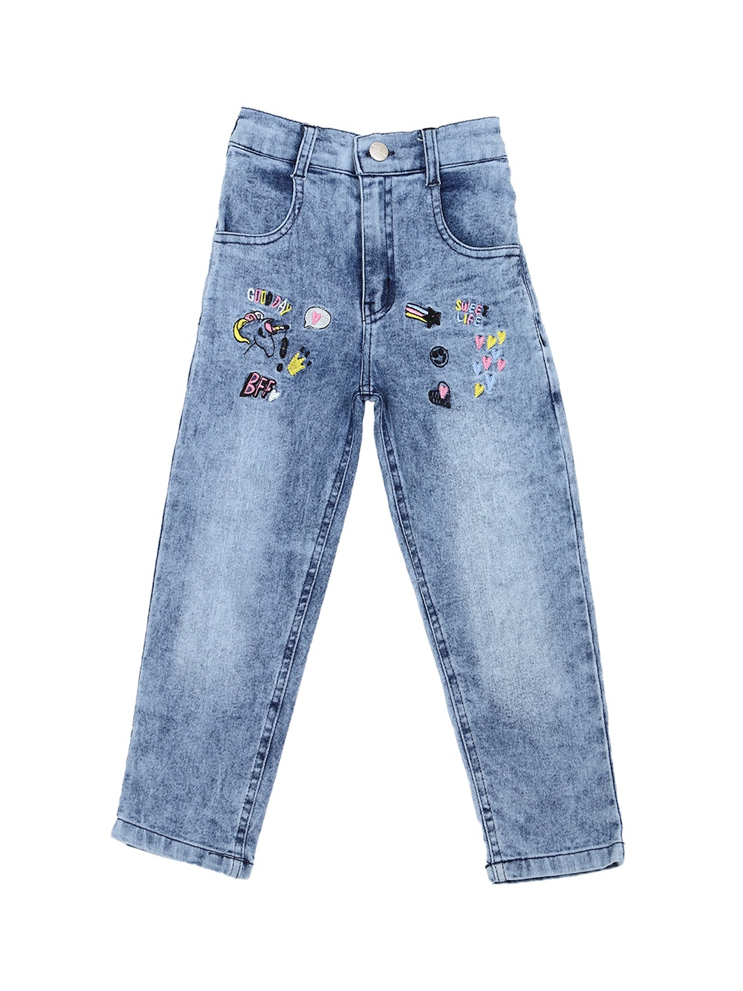 

CREMLIN CLOTHING Girls Blue Embroidered Heavy Fade Jeans