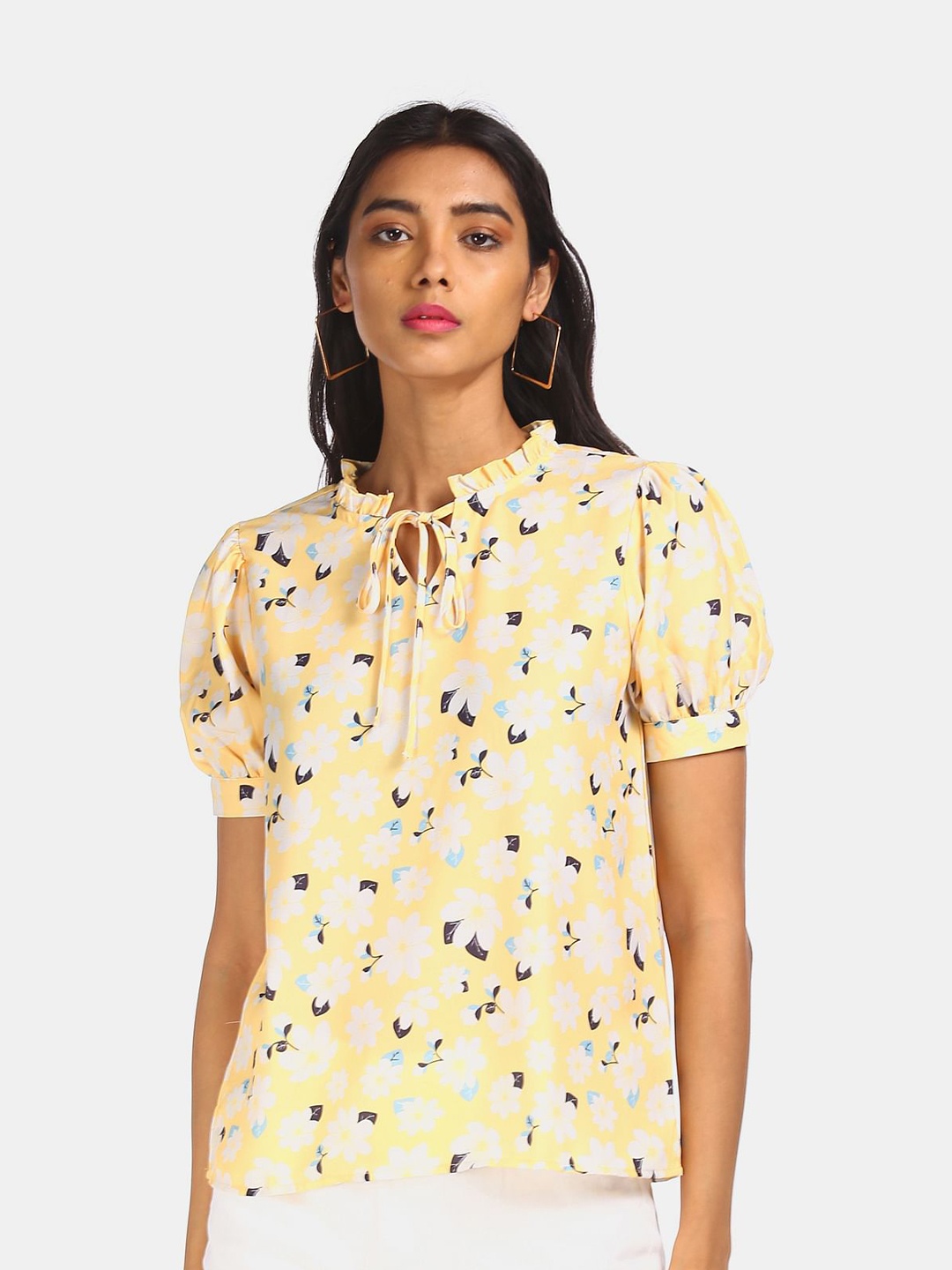 

ELLE Yellow Floral Print Tie-Up Neck Top
