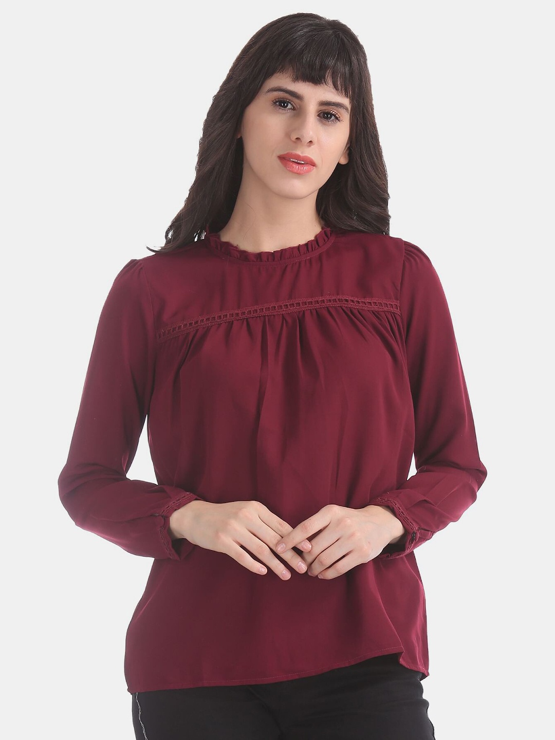 

ELLE Maroon Frill Neck Solid Top