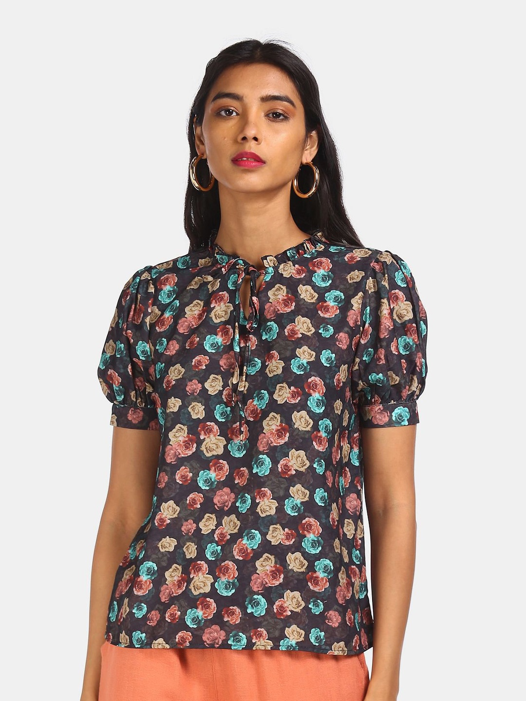 

ELLE Black Floral Print Tie-Up Neck Top