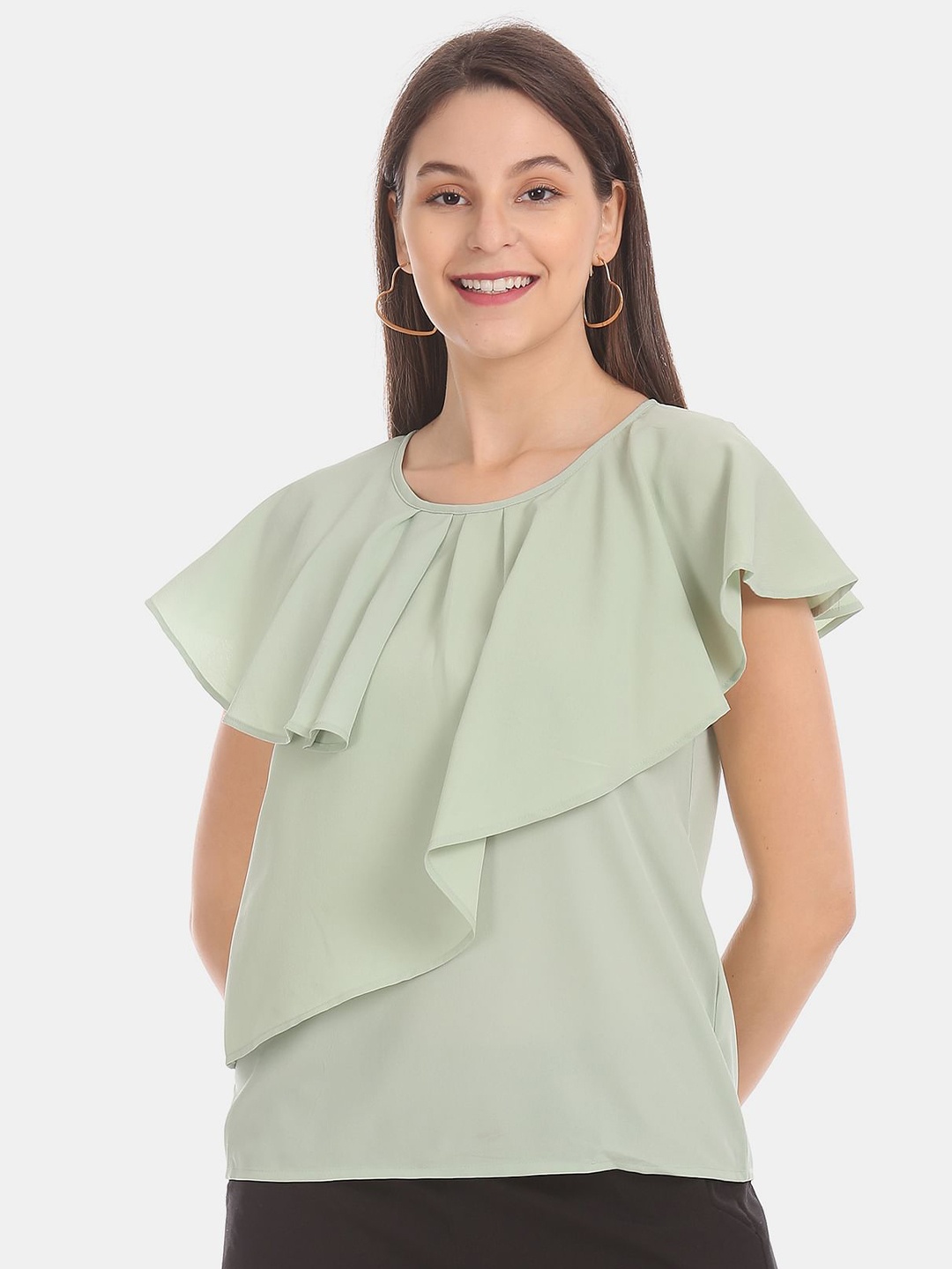 

ELLE Green Ruffle Trim Solid Top