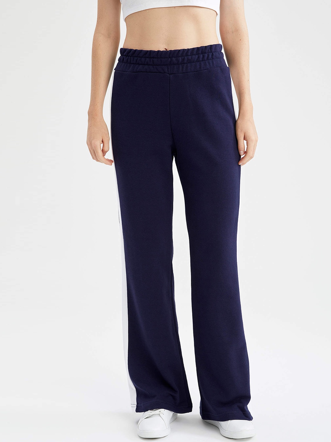 

DeFacto Women Navy Blue & White Wide Leg Stretchable Trousers