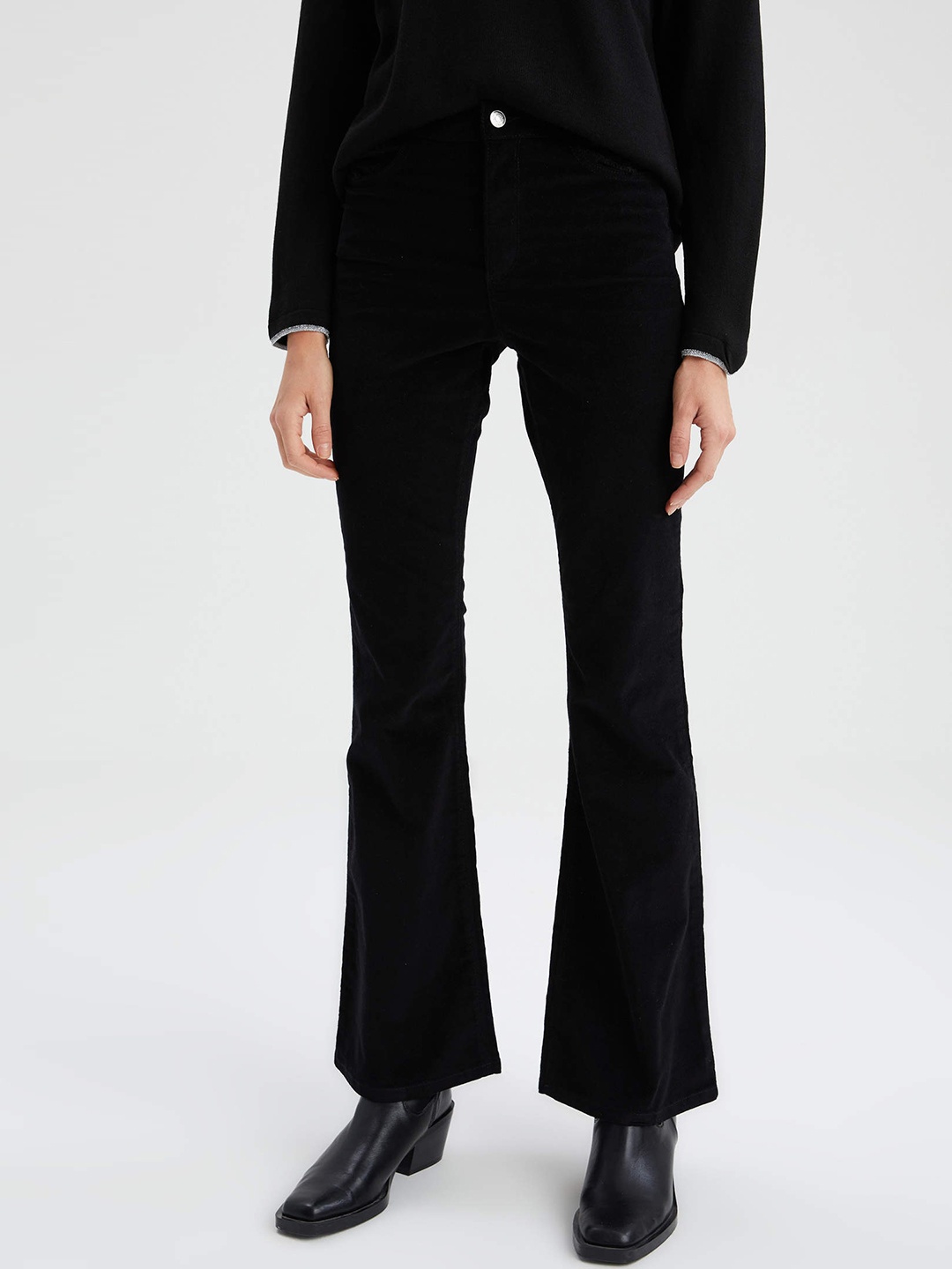 

DeFacto Women Black Solid Corduroy Velvet Bootcut Trousers