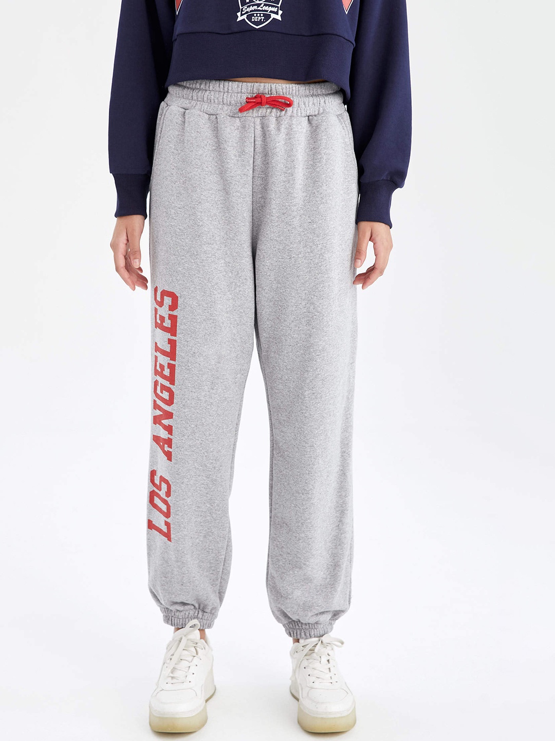 

DeFacto Women Grey Melange & Red Typography Print Joggers
