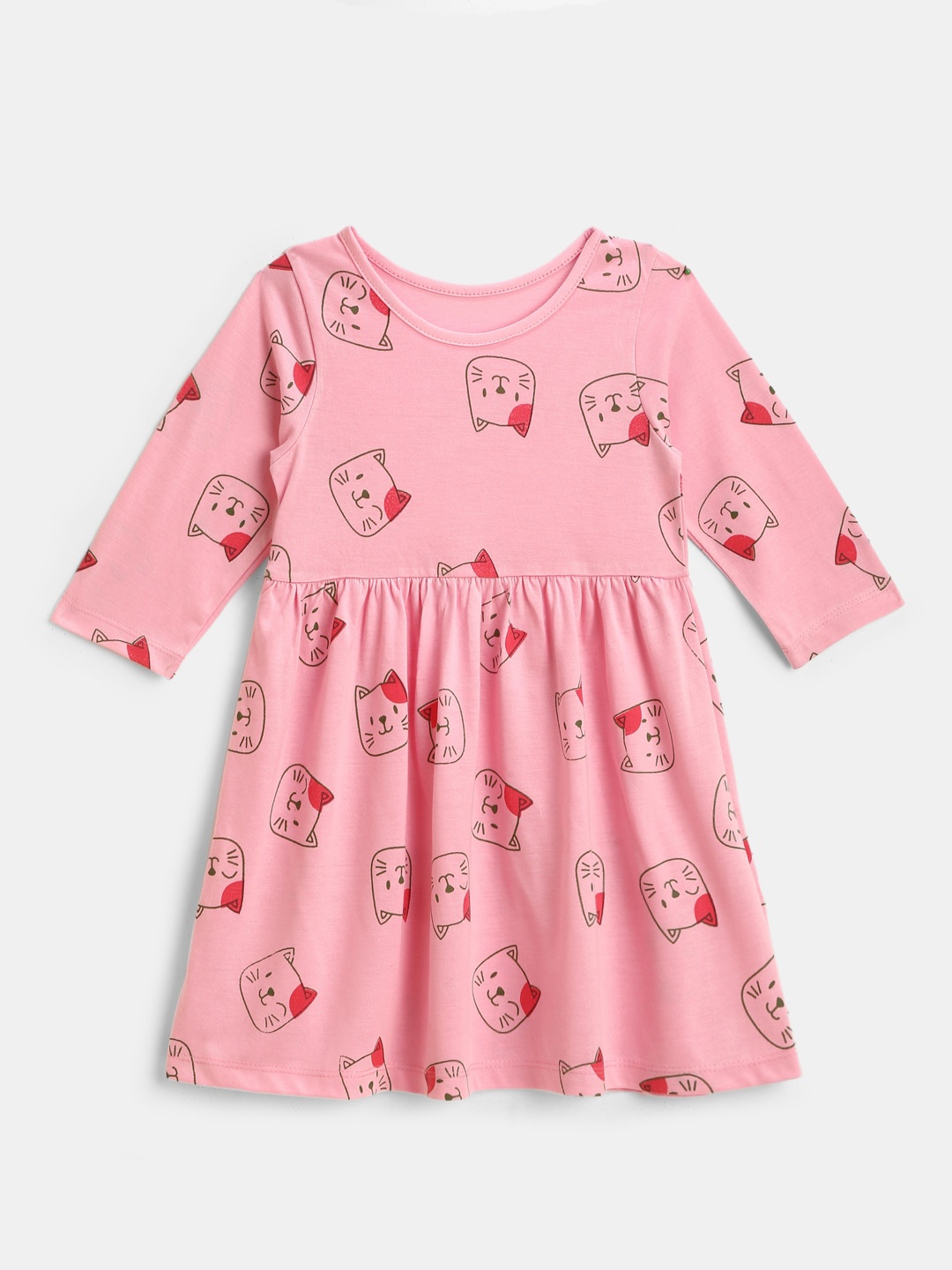 

YK Girls Pink Cat Printed Fit & Flared Dress