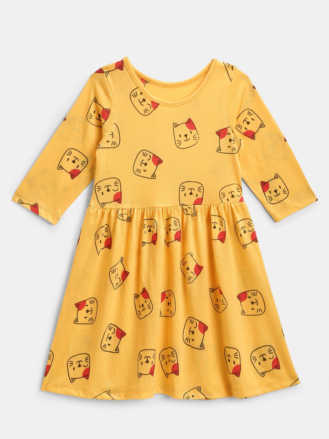 

YK Yellow Cat Printed Cotton A-Line Dress