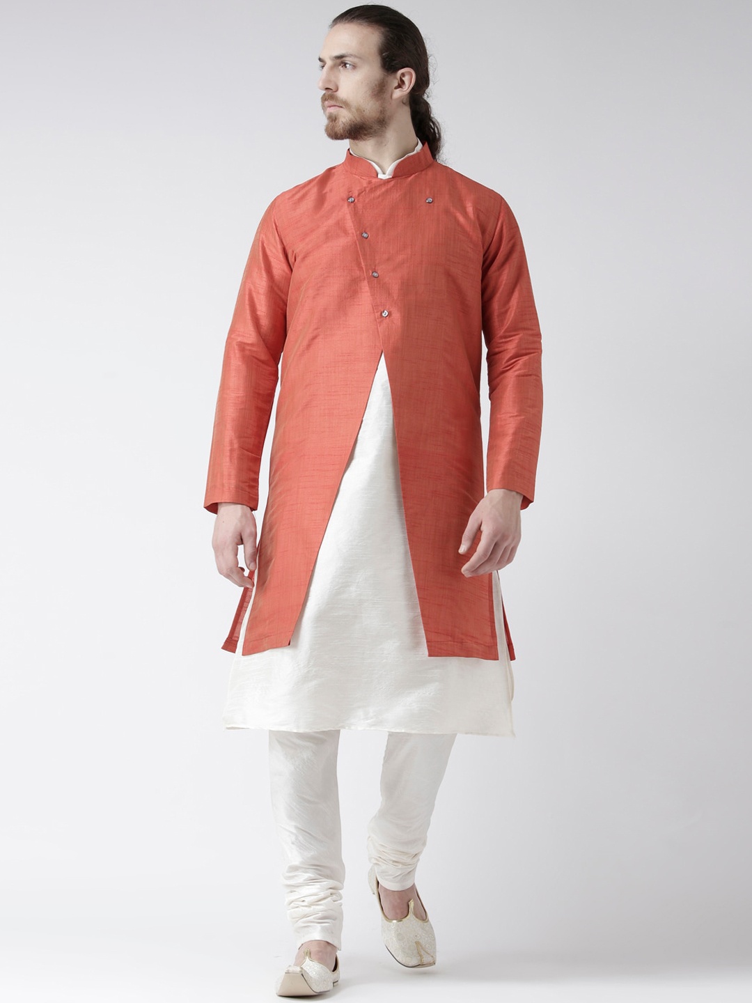

DEYANN Men Rust-Orange & White Solid Achkan Sherwani Set