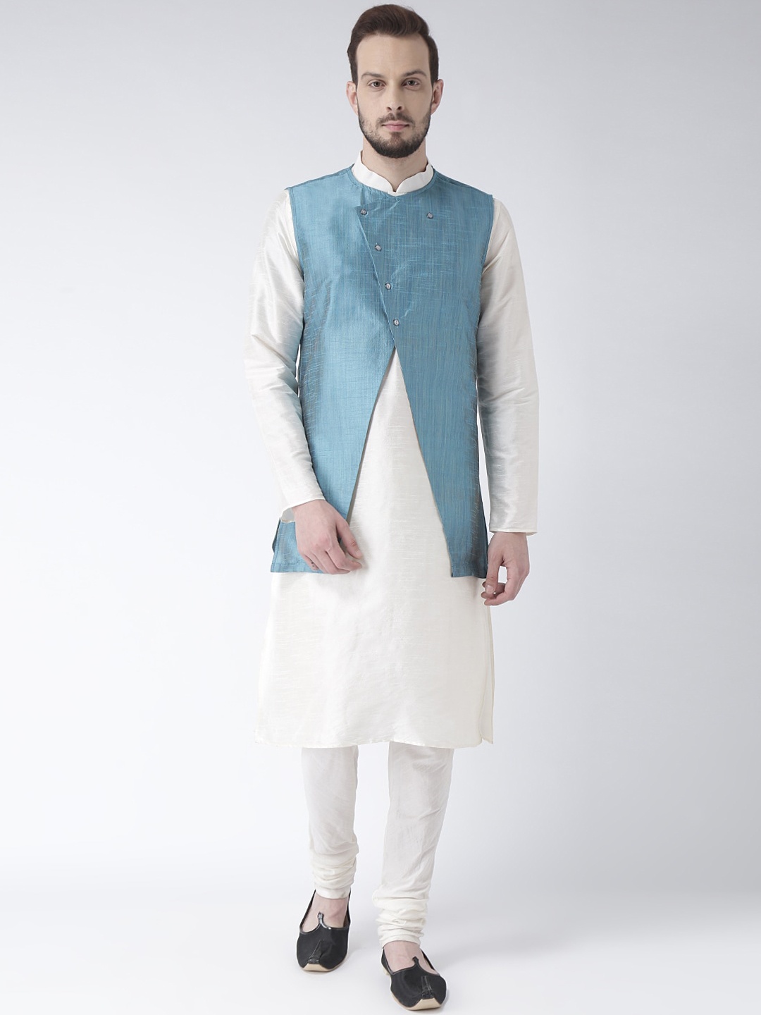 

DEYANN Men Blue & White Solid Achkan Sherwani Set