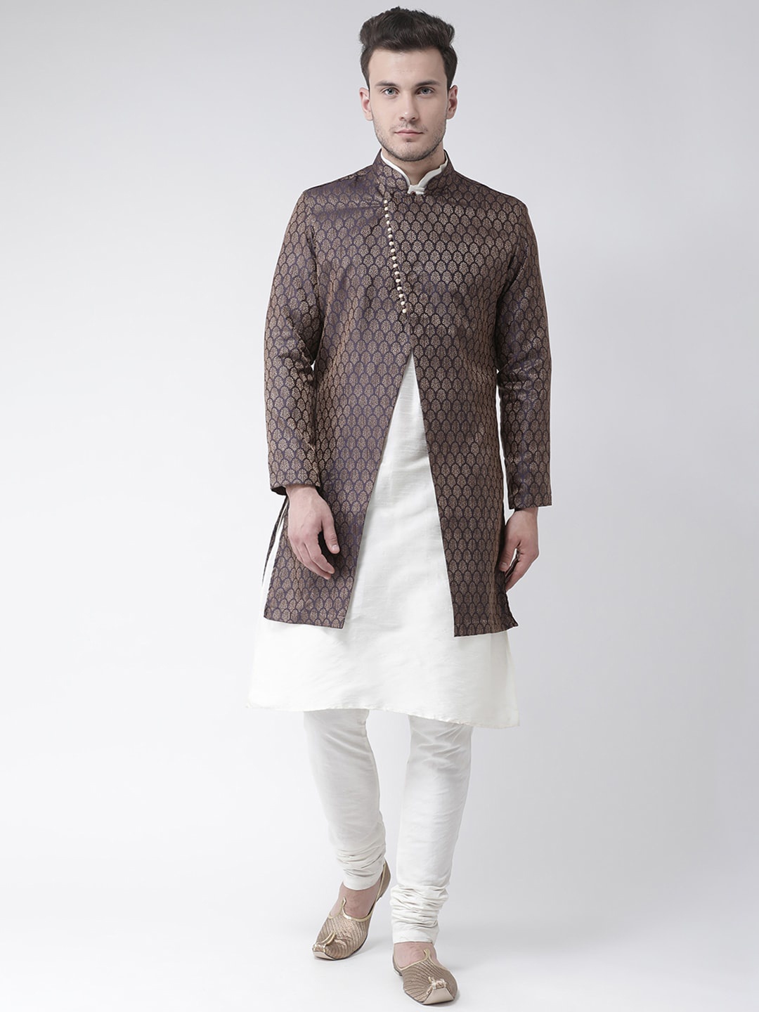 

DEYANN Men Navy Blue & Gold-Toned Printed Achkan Sherwani Set