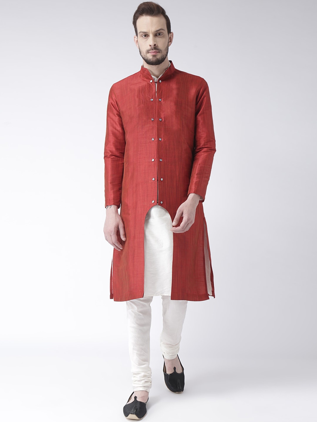 

DEYANN Men Red & White Solid Achkan Sherwani Set