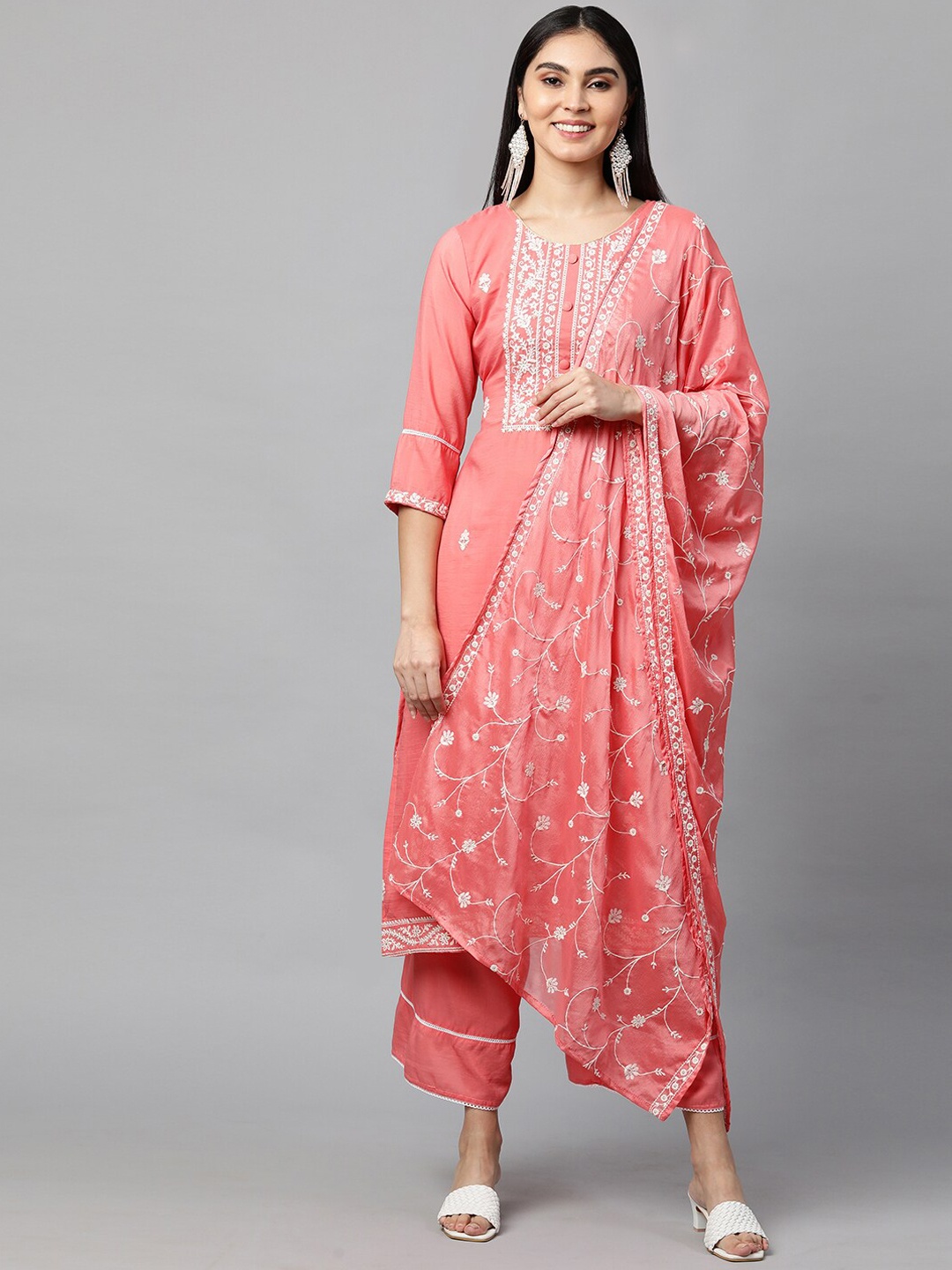 

FASHOR Women Peach-Coloured Floral Embroidered Thread Work Kurta with Palazzos & With Dupatta