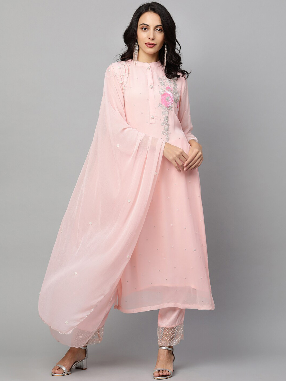 

FASHOR Women Pink Floral Embroidered Empire Sequinned Silk Georgette Kurti with Trousers