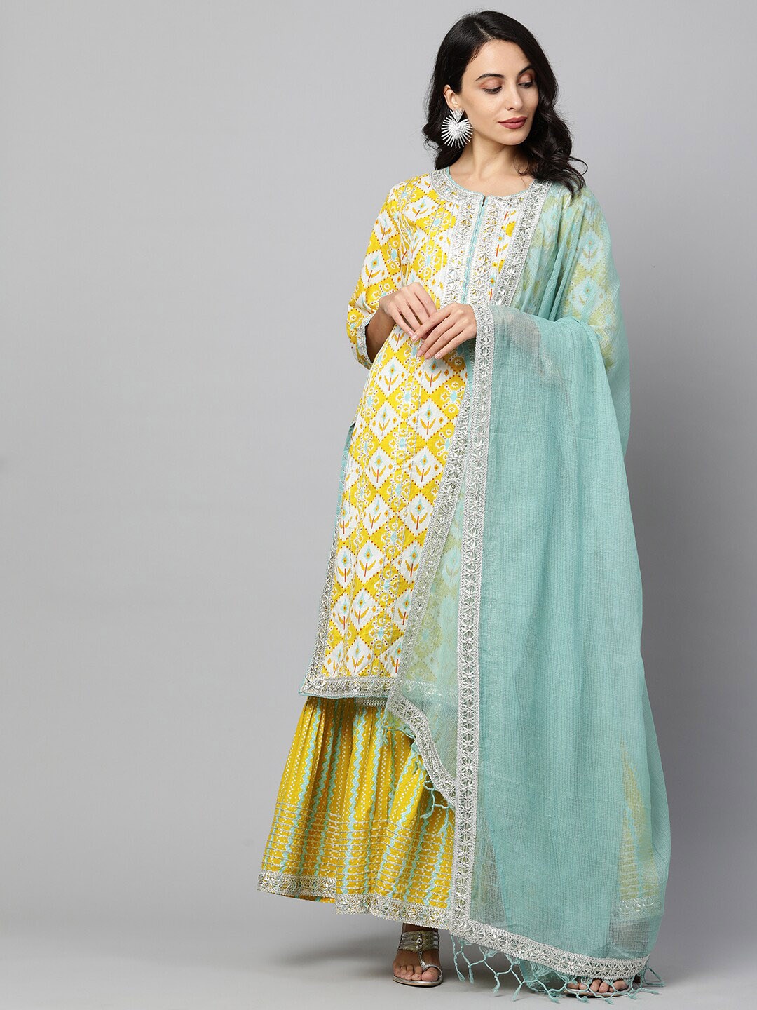 

FASHOR Women Yellow Printed Gotta Patti Pure Cotton Kurta with Sharara & With Dupatta