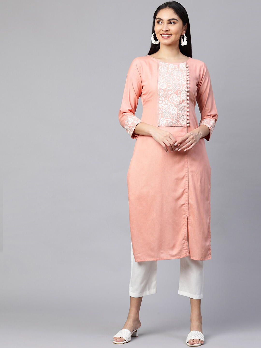 

FASHOR Women Peach-Coloured Floral Embroidered Angrakha Kurta with Trousers