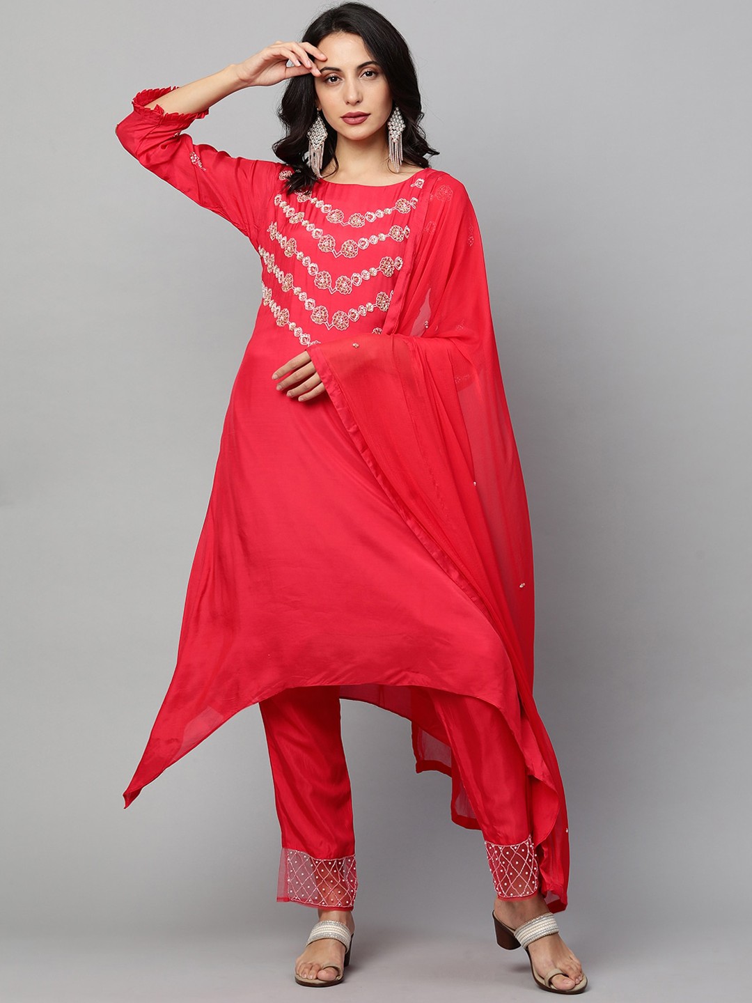 

FASHOR Women Pink Floral Sequinned Kurta with Trousers
