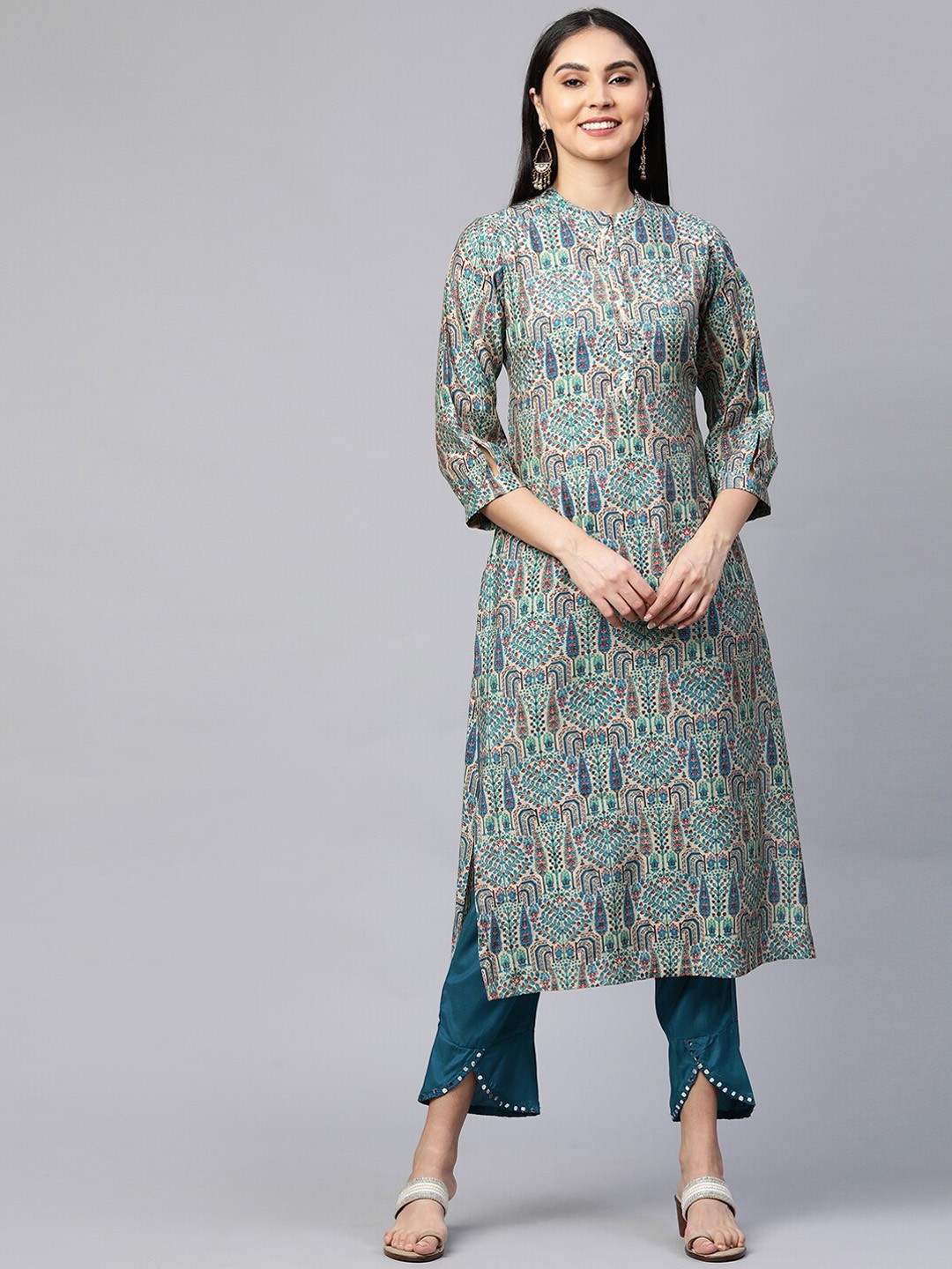 

FASHOR Women Teal Printed Kurta with Trousers
